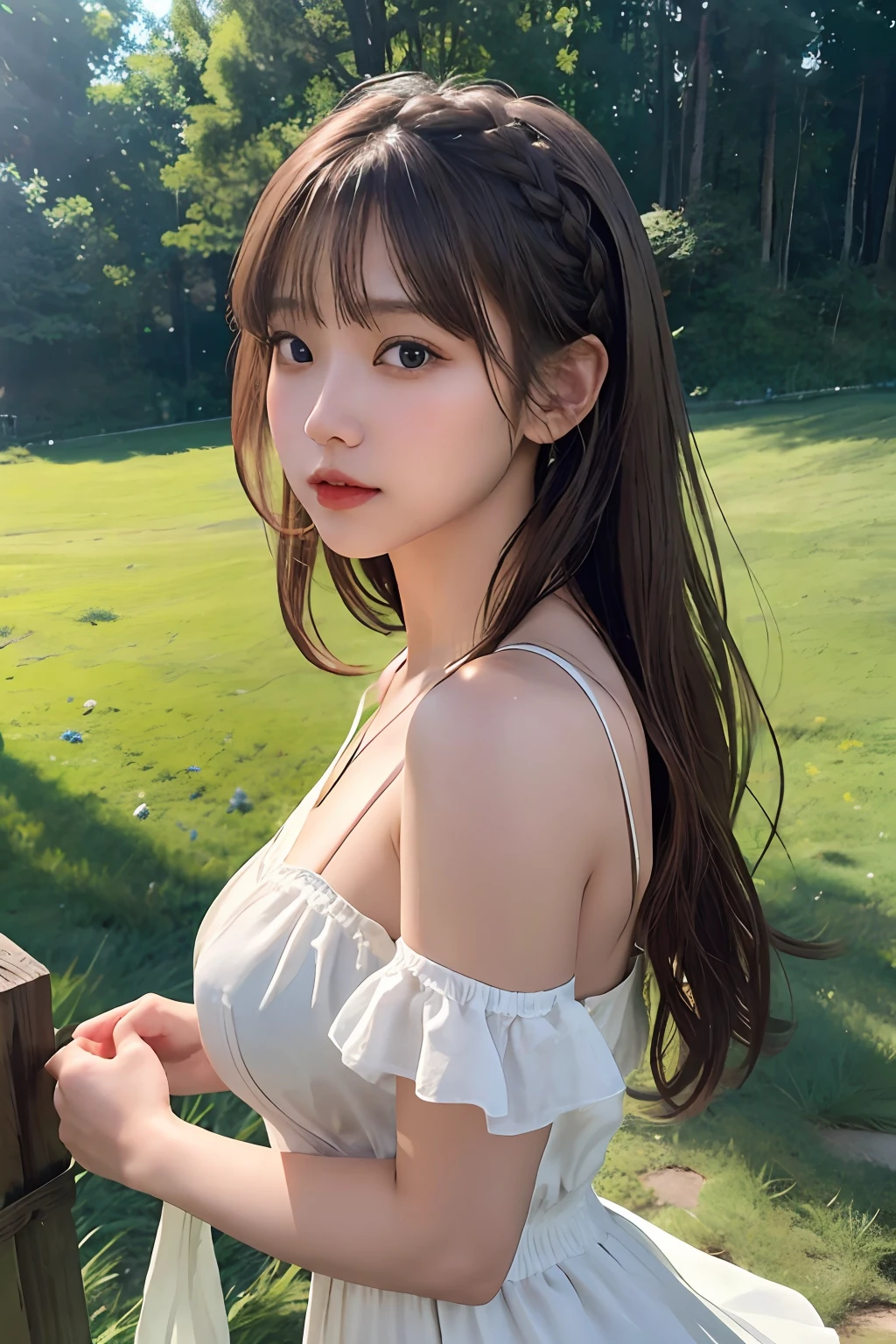 (From the side:1),((1girl in)),Light Brown Fringe Hair、Braided hair、disheveled hair、Light brown eyes、(dignified expression)、(silk dresses),(爆乳:1.3)、No shoulder、((fullnude))、Emphasize the valley、grass field、Summer resort、blue-sky、(Photorealsitic)、(intricate detailes:1.2)、(masterpiece、:1.3)、(top-quality:1.4)、(超A high resolution:1.2)、超A high resolution、(A detailed eye)、(detailed facial features)