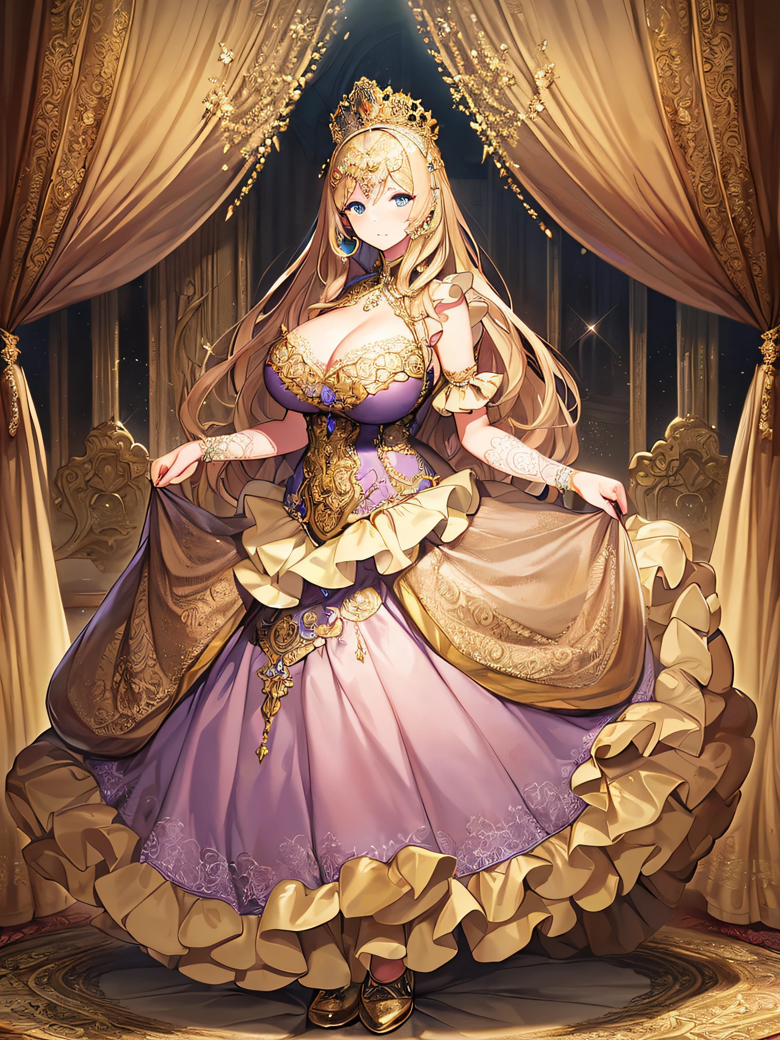 ((anime artstyle)),(Masterpiece),(Best Quality), (Super Detail),((Very Delicate and Beautiful)),((Solo)),((full body)),((1 princess in gorgeousfull rococo dress)),detailed face and eyes,jewel-like eyes,((voluminous Very Long Straight Hair)),((gigantic tits,Long tits)),curvy,skindentation,((gorgeousfull embroidery and lace)),gorgeous corsage,See-through,gorgeousfull hair ornament,gorgeousfull glitter jeweled tiara,ornate ruffles,((full body)),((hoop skirt,crinoline)),Dynamic Angle,Looking at viewer,(((gorgeous embroidery gorgeousfull rococo dress)),full body