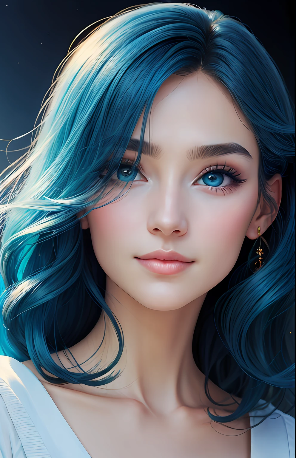 animesque、portraitures、One Person20Pretty Woman、Moisturized eyes、Casual clothing、a picture、oval jaw、beautiful countenance、The hair、Blue eyes with a beautiful glow、LDS Art