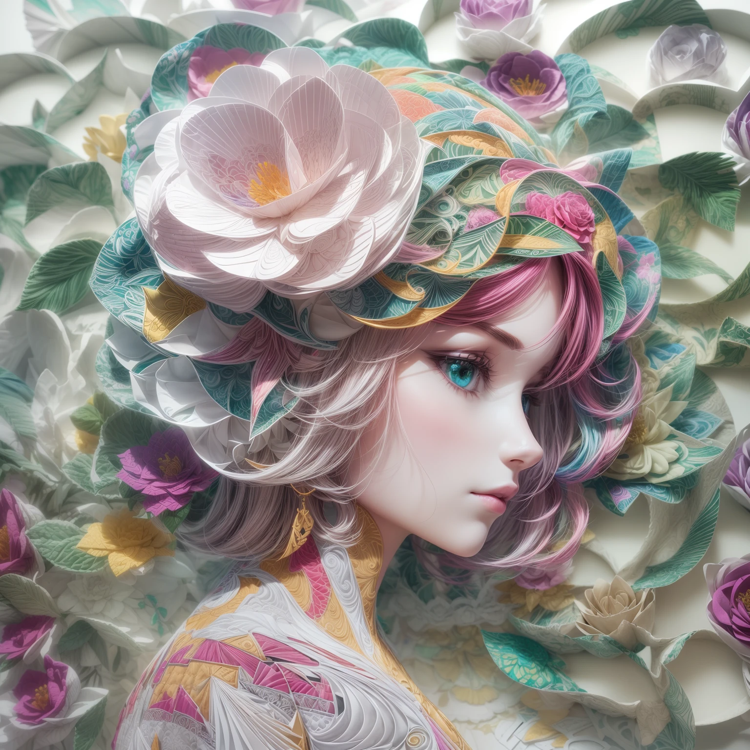 (hologram :1.5),( The silhouette of a beautiful woman , Colorful camellias ), White background ,( paper art , Quilted paper art :1.2, geomerty :1.1, zentangle , a 3D render ),( extremely colorful , Best quality , high detailed , Masterpiece , Cinematic Lighting ,4K)