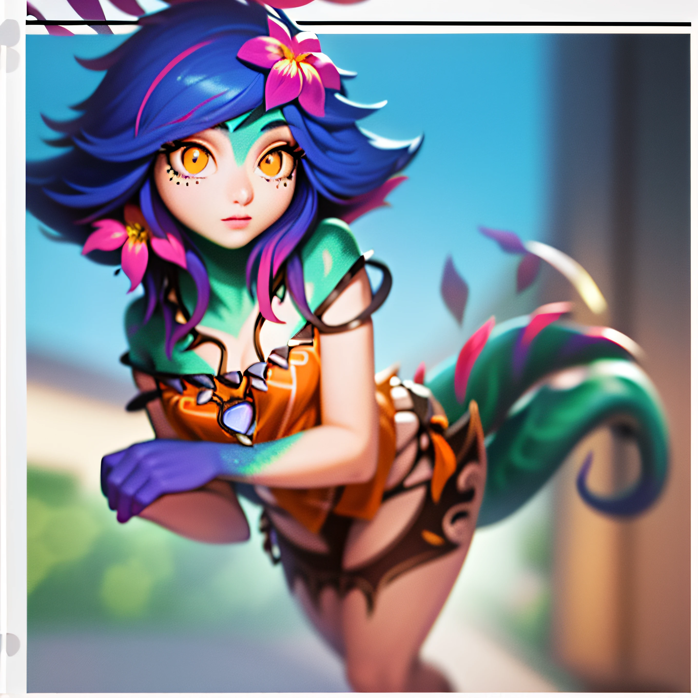 best illustration, illustration, vibrant colors, masterpiece, best quality, absurdities, 1girl, beautiful face, detailed eyes, looking at viewer, contrapposto, seductive, sexy, standing, full body, neeko, facial marks, hair ornaments , flower hair, necklace, lizard tail, multicolored skin, body paint, brown top, black panties, walking in public, embarrassed, red with embarrassment, panting