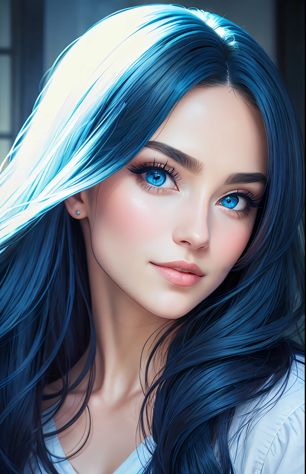 animesque、portraitures、One Person20Pretty Woman、Moisturized eyes、Casual clothing、a picture、oval jaw、beautiful countenance、The hair、Blue eyes with a beautiful glow、LDS Art