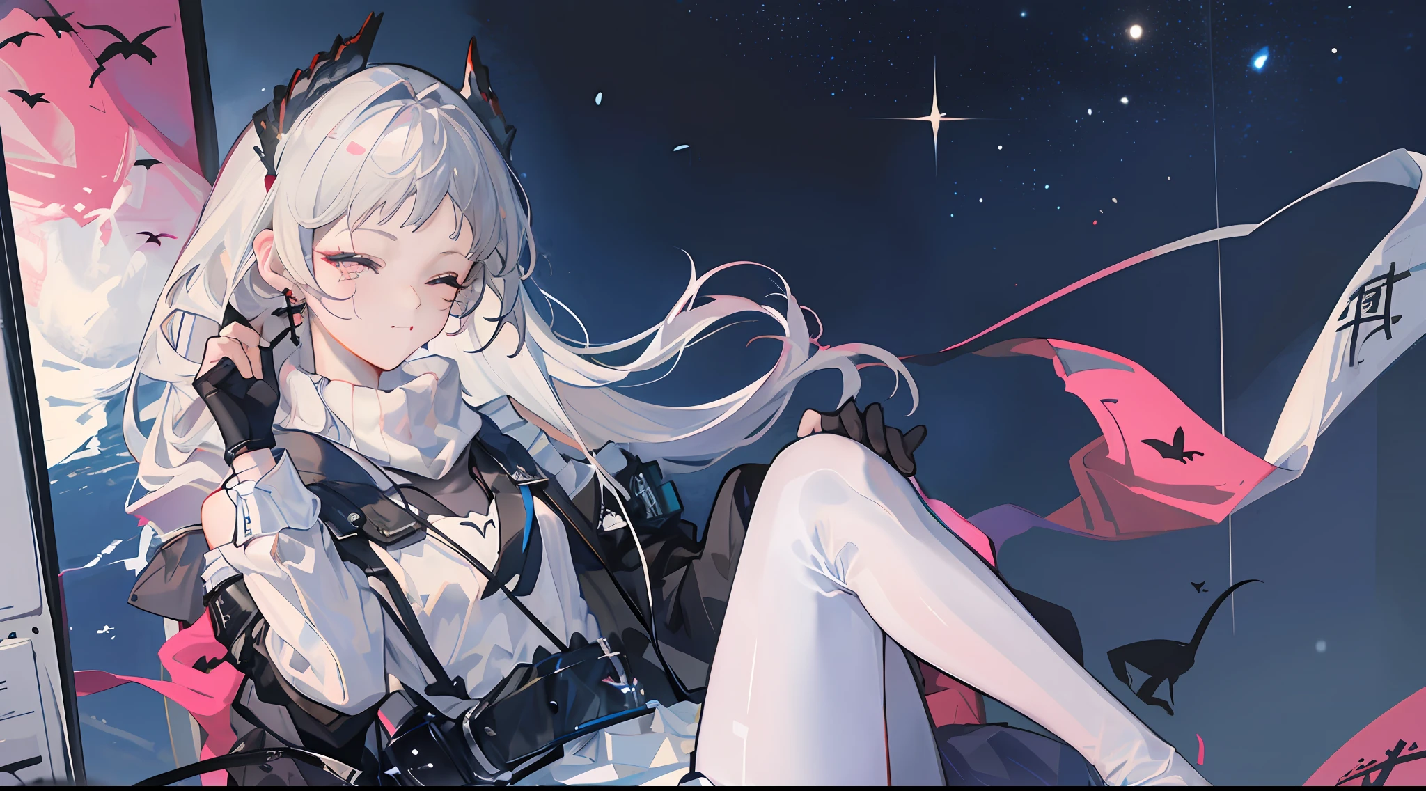 Ark of Tomorrow,one-girl,off-shoulder sweater, backless outfit,Starry sky,clusters of stars,Ray tracing,{Best quality}, {{Masterpiece}}, {A high resolution}, Original, Extremely detailed 8k wallpaper, {An extremely delicate and beautiful},,incredibly_absurderes,Colorful,intricately details,art book,,incredibly_absurderes,Ray tracing,Perspective,Wide shot,Overall view,,A high resolution,Game CG,short_Hair,cat_hor ears,White_Hair/White_Eyes,Detail fingers,Hands in hair,pigeon-toed,Pout,Blush,Eyes visible through hair,off-shoulder sweater,White_wind coat,Superskirt,White pantyhose,White cat ears,(((long white hair))),White tail,reaching out her hands,W cut sitting position,(((a black trench coat))),(((Blue sailor collar))),Blue pupil,Black hairpin,Post-industrial buildings,4K,Master picture quality,Texture,Ark of tomorrow style,On the ground lay the West Sword,eventide,Blood-red sunlight,Black backpack,((((Short blue skirt)))),((((White tights)))),black sneaker shoes,full bodyesbian,long and flowing hair,Smiling,Squint,The ultimate in facial depiction,The ultimate body depiction,The ultimate hair depiction ,There are lanterns on the ground,is shy,in a panoramic view,The ultimate scenario description,Pout,Beautiful_face,Beautiful detailed eyes,One eye is white,One eye closed ,Earphone,Beautiful detailed sky,reflective light,Ray tracing,Sunlight,(Maid dress),Sailor dress,Sleeves,beautiful detailed water,Beautiful detailed sky,god light,depth of fields,Normal body,Normal posture,Front view,Absolutely good light and shadow,Detailed sky,baiyun,the sunset,(((城市,starlights,rios,darkly))).{Best quality}, {{Masterpiece}}, {A high resolution}, Original, Extremely detailed 8k wallpaper, {An extremely delicate and beautiful},,Ray ,{Best quality}, {{Masterpiece}}, {A high resolution}, Original, Extremely detailed 8k wallpaper, {An extremely delicate and beautiful},,incredibly_absurderes,Colorful,intricately details,art book,,Overall view,,Depth of field,snowfield,leg loops,Clear