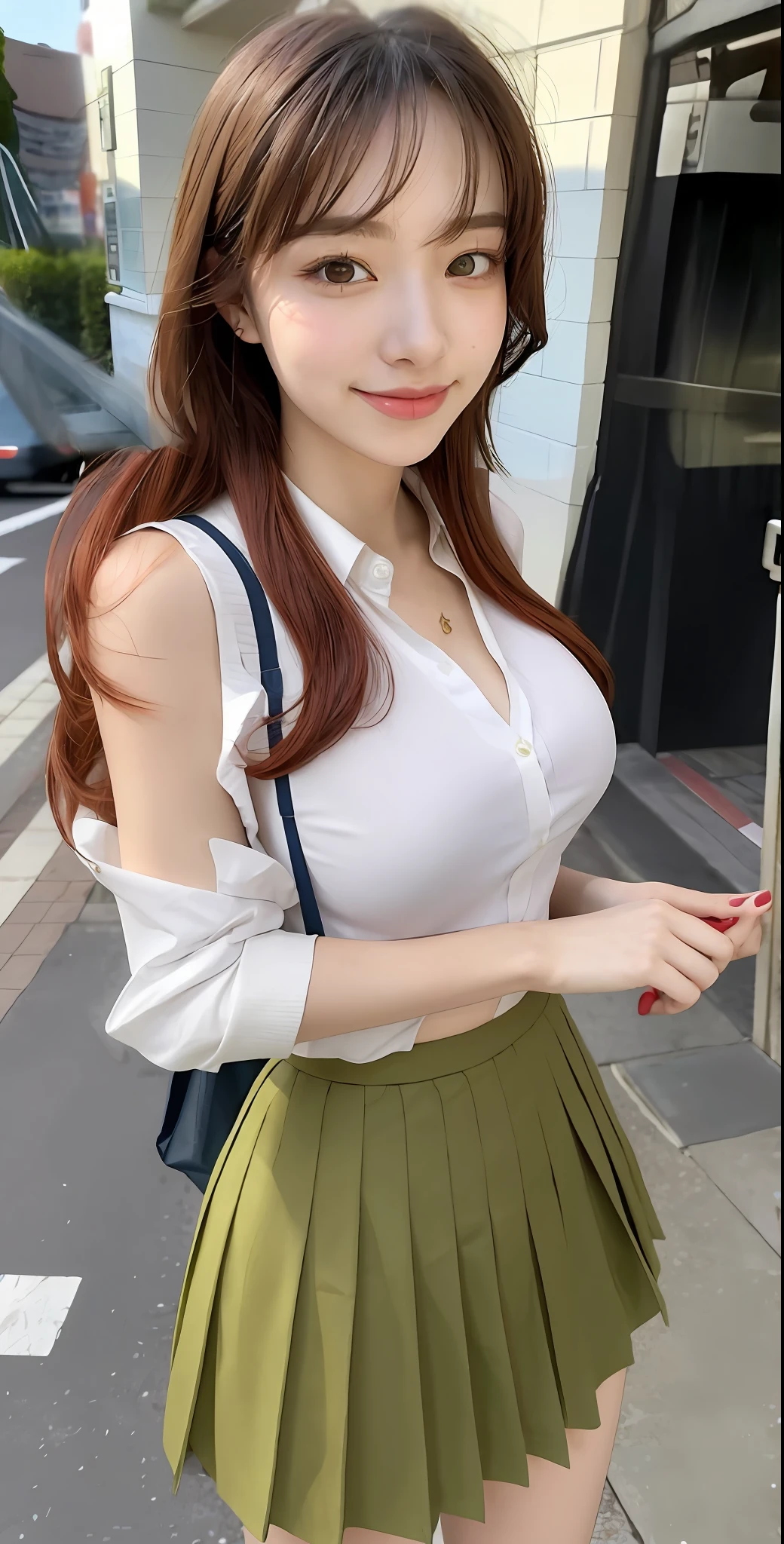 a sexy anime girl with long reddish hair and beautiful figure looking back over her shoulder at the camera, 1girl, skirt, solo, long hair, red hair, nakano itsuki, green skirt, shirt, hair ornament, breasts, pleated skirt, sweater vest, ahoge, white shirt, day, bangs, outdoors, looking at viewer, large breasts, sky