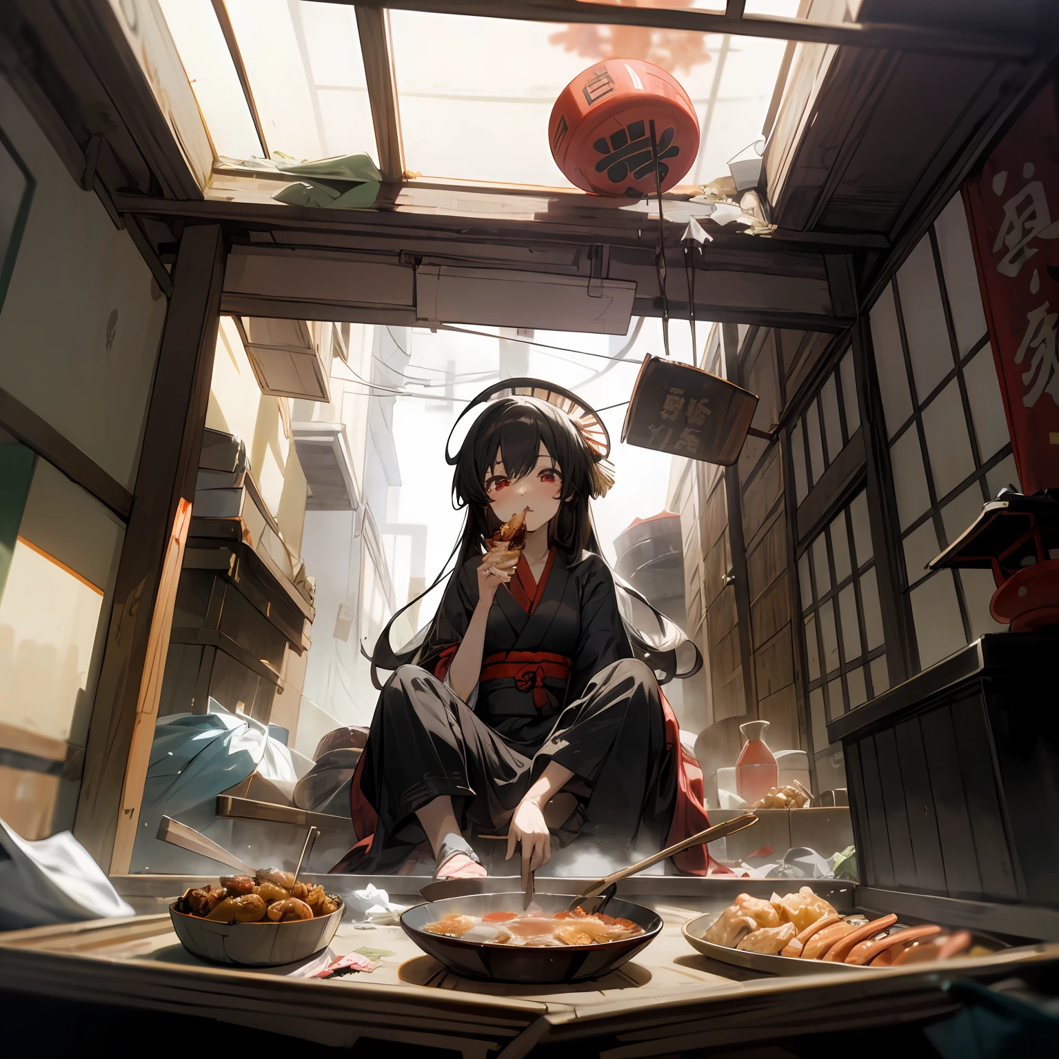 (masterpiece, best quality),(ceiling,trash,junk:1.3),(alley in Japan,casserole),1girl,eating,sit on the ground,messy,empty can,black hair,long hair,messy hair,red eyes,black clothes,crate,skewer,tokkuri,sukiyaki,oden,small breasts,ceiling