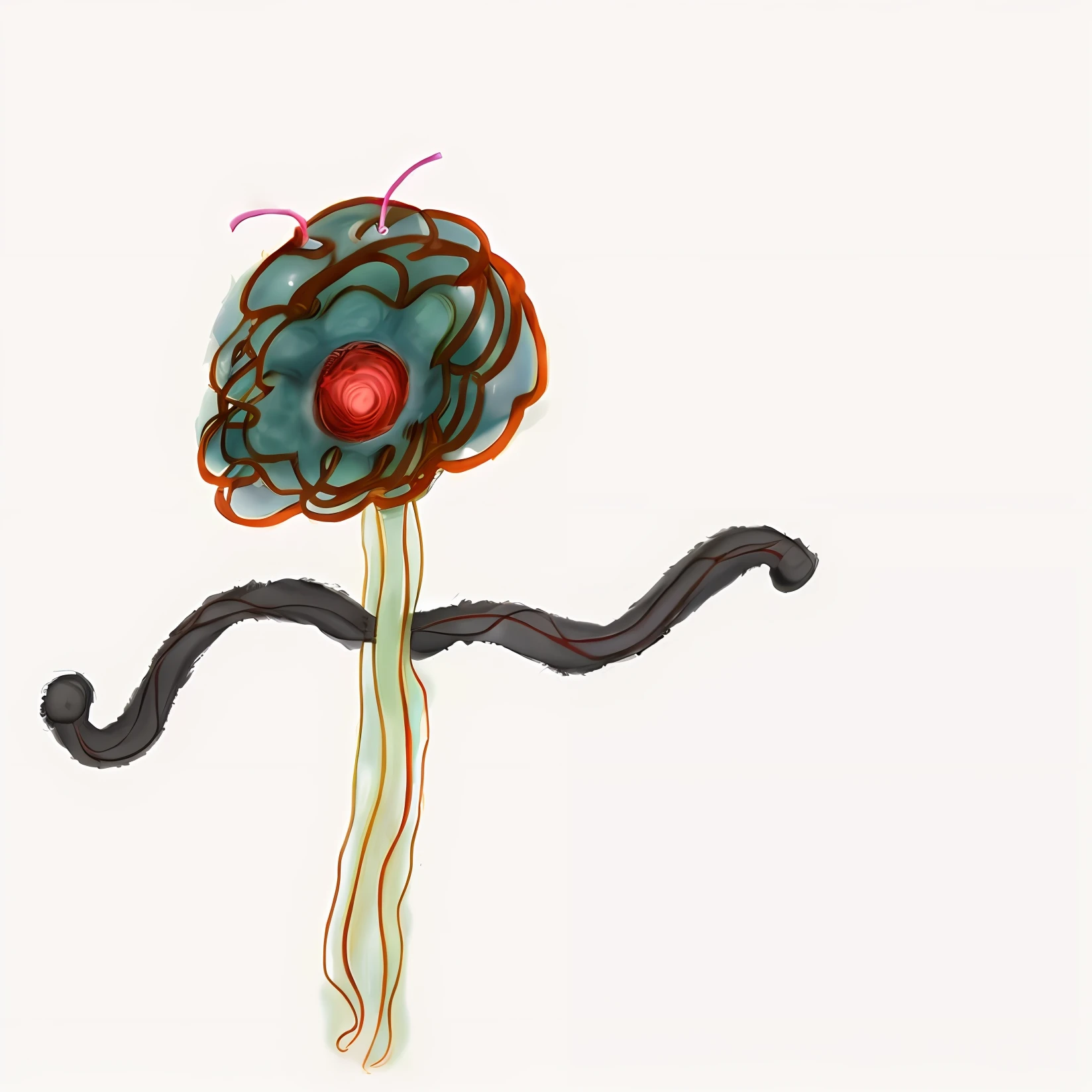 There is a drawing of a flower，Has stems and red eyes, alien flowers, an alien mushroom with tentacles, mutated flowers, weird simple fungus and tendrils, Strange flora, depicting a flower, alien flora, carnivorous plant, flowers grow from the body, alien flowers, ai robot tendril remnants