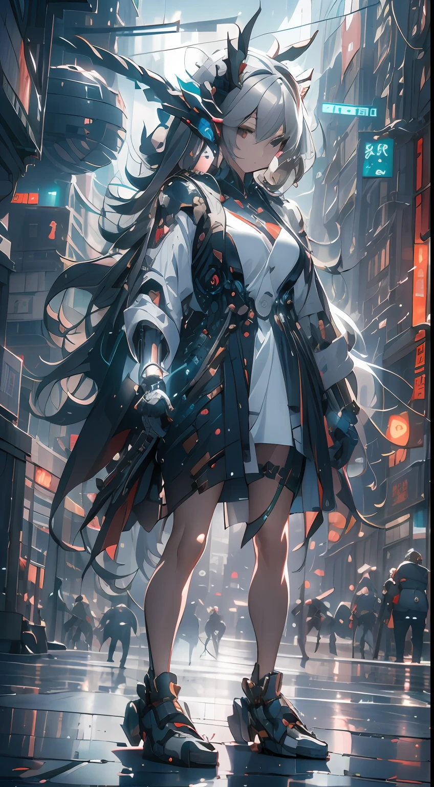 （（A futuristic））， （（mito））， （（fanciful）），Machinary，1girll， Cyberpunk urban environment， gray-haired girl，Avant-garde clothing， Surrounded by mechanical Asian dragons， Mechanical Dragon，（neonlight：1.2）， （cybernetically enhanced：1.1）， （Fine dragon scales：1.1）， （action-packed scene：1.2）， （cinematic compositions：1.1）， Mixed media artwork， 8K分辨率，best qualtiy，lightand shade contrast，Unreal 5，