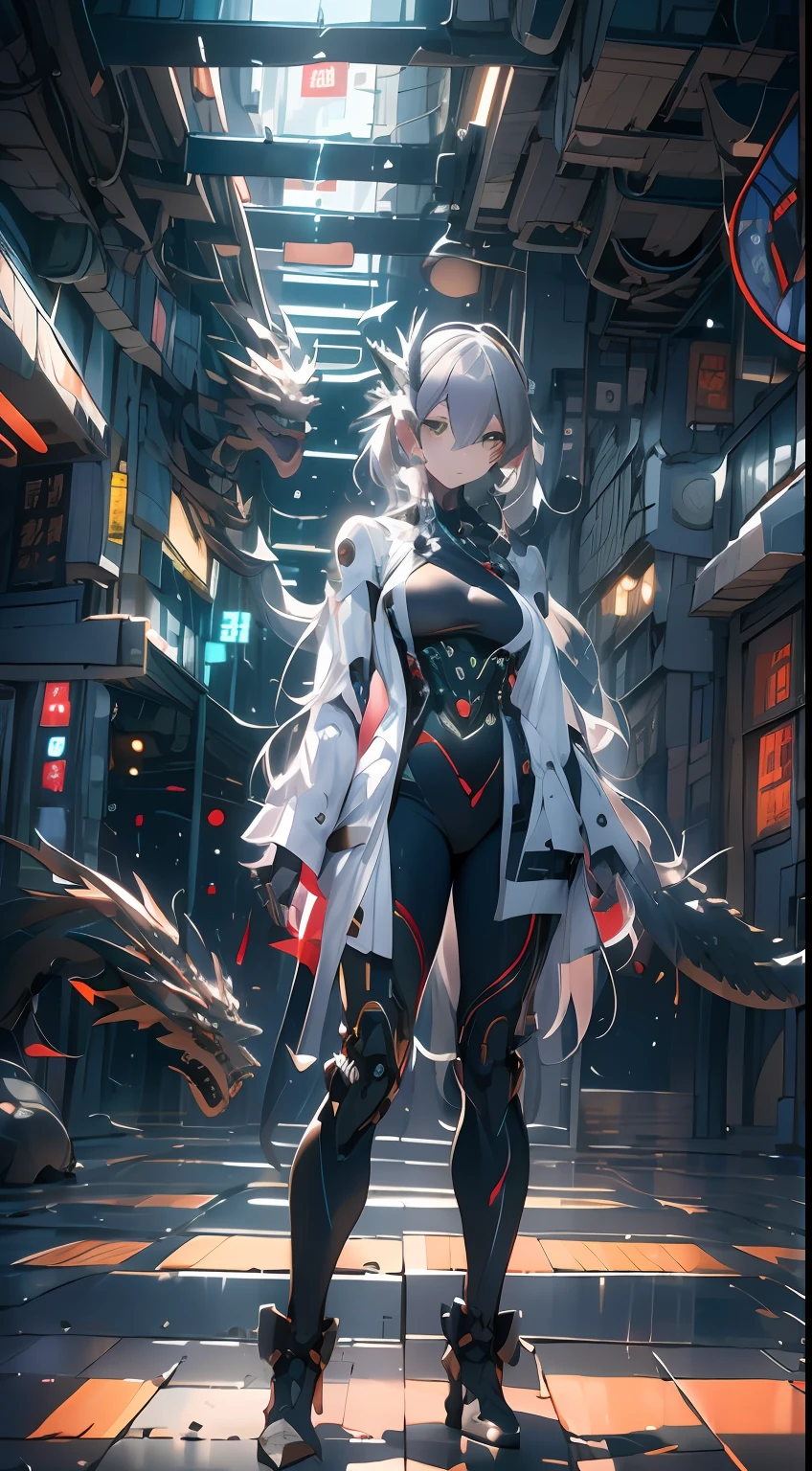 （（A futuristic））， （（mito））， （（fanciful）），Machinary，1girll， Cyberpunk urban environment， gray-haired girl，Avant-garde clothing， Surrounded by mechanical Asian dragons， Mechanical Dragon，（neonlight：1.2）， （cybernetically enhanced：1.1）， （Fine dragon scales：1.1）， （action-packed scene：1.2）， （cinematic compositions：1.1）， Mixed media artwork， 8K分辨率，best qualtiy，lightand shade contrast，Unreal 5，