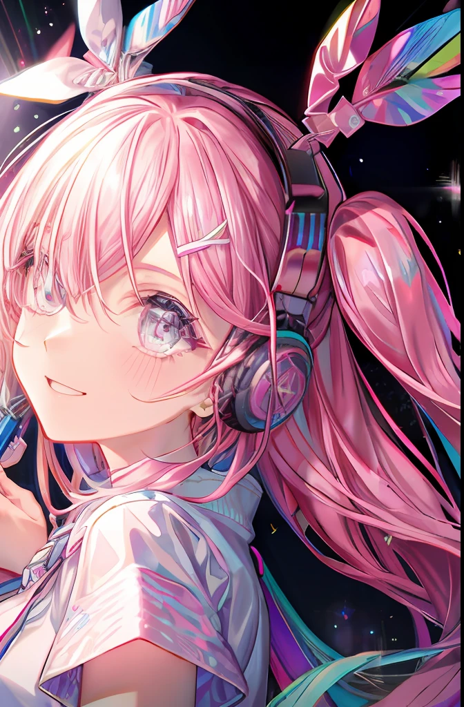 1 rapariga，in pink，Rainbow background wall，Graffiti background，face perfect、A detailed eye、Close one eye、Stars in the eyes、piece、Headset microphone、dance、Idol、Make your audience smile、Sing with your mouth open