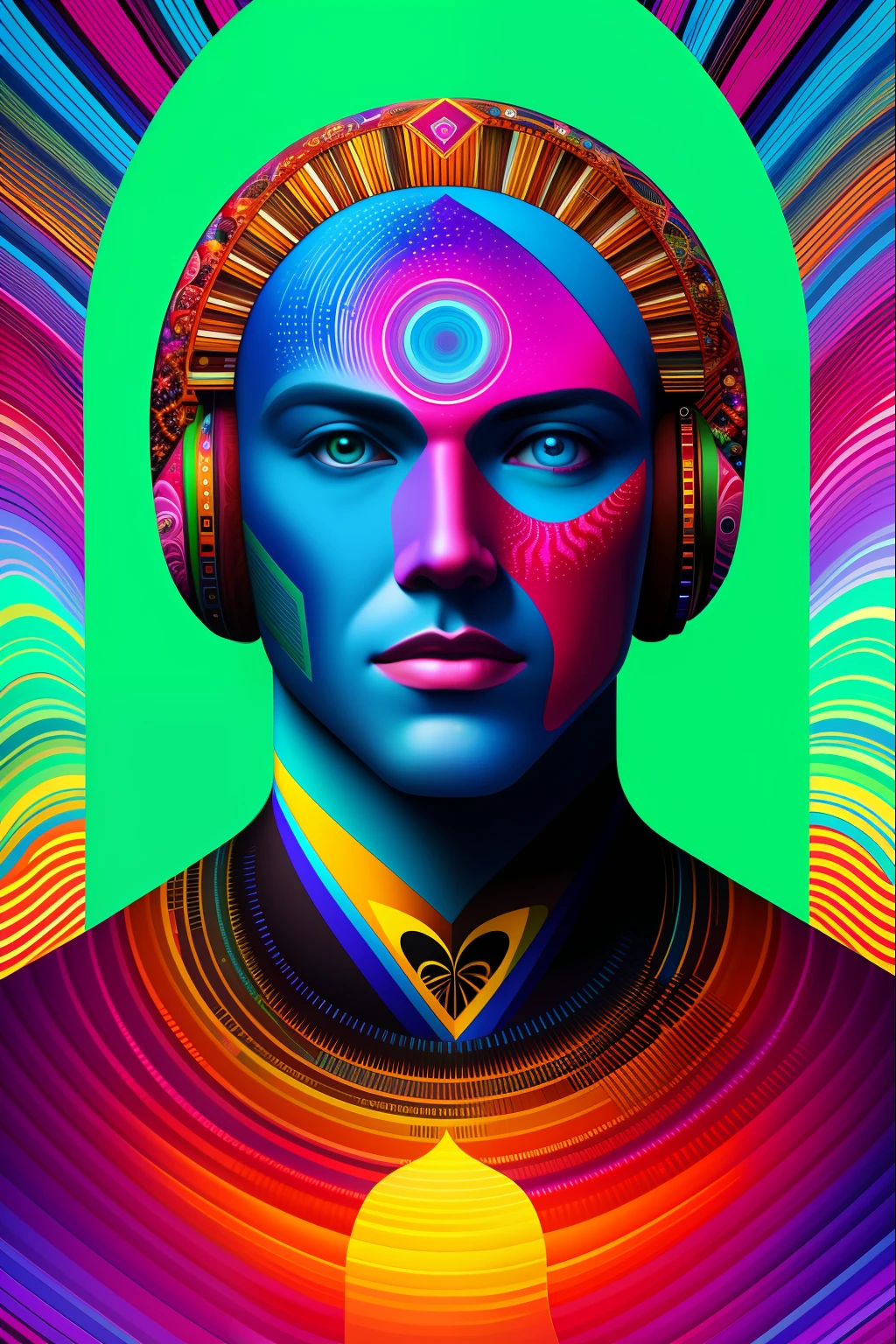 a painting of a giant head with a lot of ordinary things, psychedelic surreal art, estilo dan mumford e alex grey, psychedelic illustration, hyper detailed visionary art, Hyper Visionary Art - Detailed, psychedelic artwork, surreal + altamente detalhado, arte digital altamente detalhada 4k, arte psytrance, Directed by: Justino Geraldo, arte digital detalhada 4K, Arte Trippy, Surreal psychedelic design, desenho camiseta