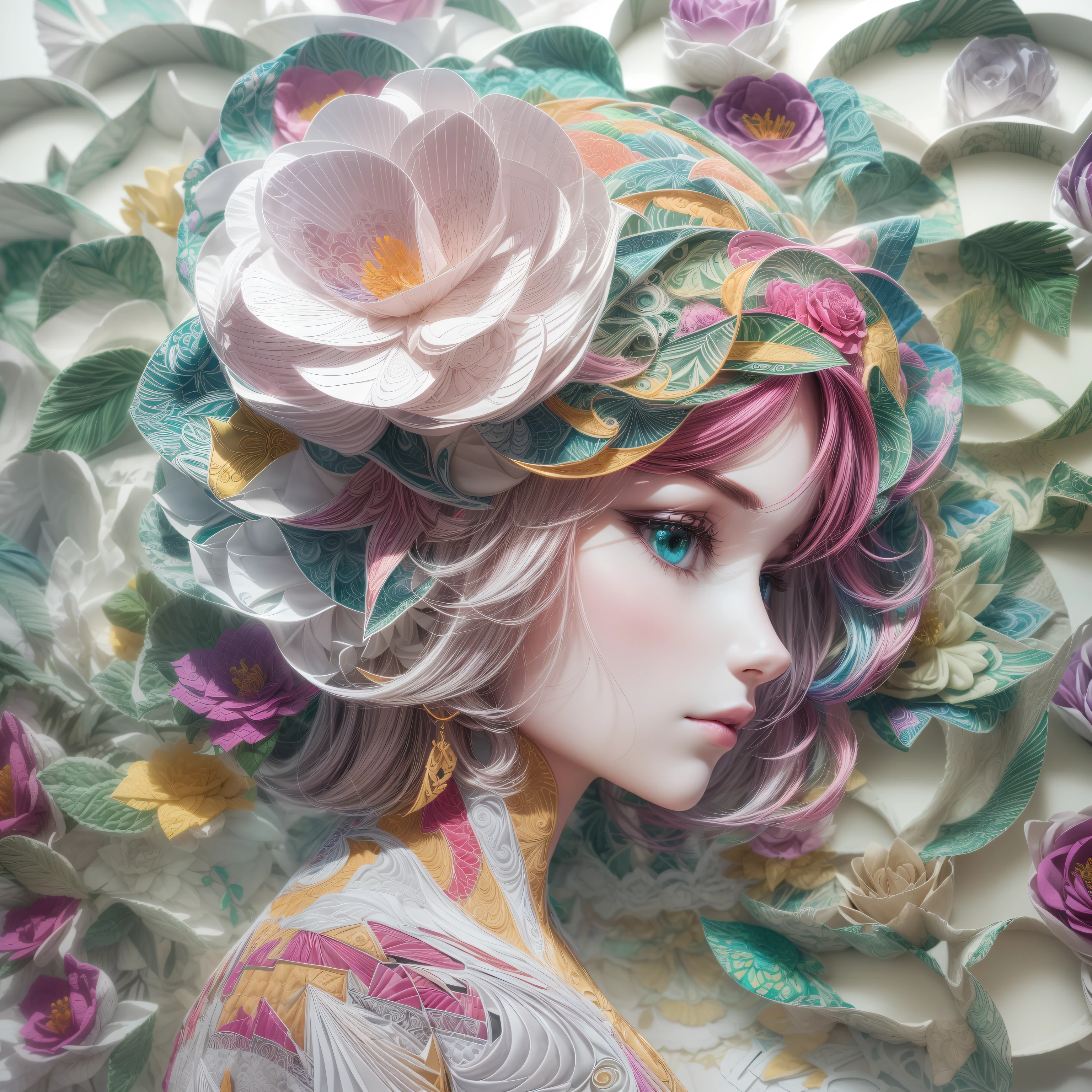 (hologram :1.5),( The silhouette of a beautiful woman , Colorful camellias ), White background ,( paper art , Quilted paper art :1.2, geomerty :1.1, zentangle , a 3D render ),( extremely colorful , Best quality , high detailed , Masterpiece , Cinematic Lighting ,4K)