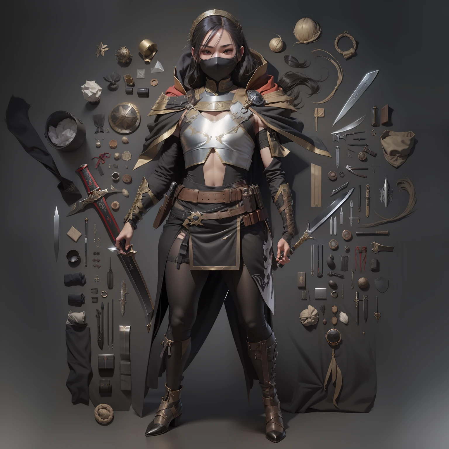 3 d model,New coffee products, arma, The sword, halter, Weapons of the future, 32K, Linen cloak, Top quality, Masterpiece:Faust,,1 child, short detailed hair, thin fog, On your stomach, (tmasterpiece,k hd,hyper HD,16k),clutching a sword, buliding, Reflectors, bloods, Eastern Asia, Weapon focus, Skysky, brunette color hair, knifes, shorter pants, fumo, Mist, The clothes ar, bandagens, sword sheath, Masks, 独奏