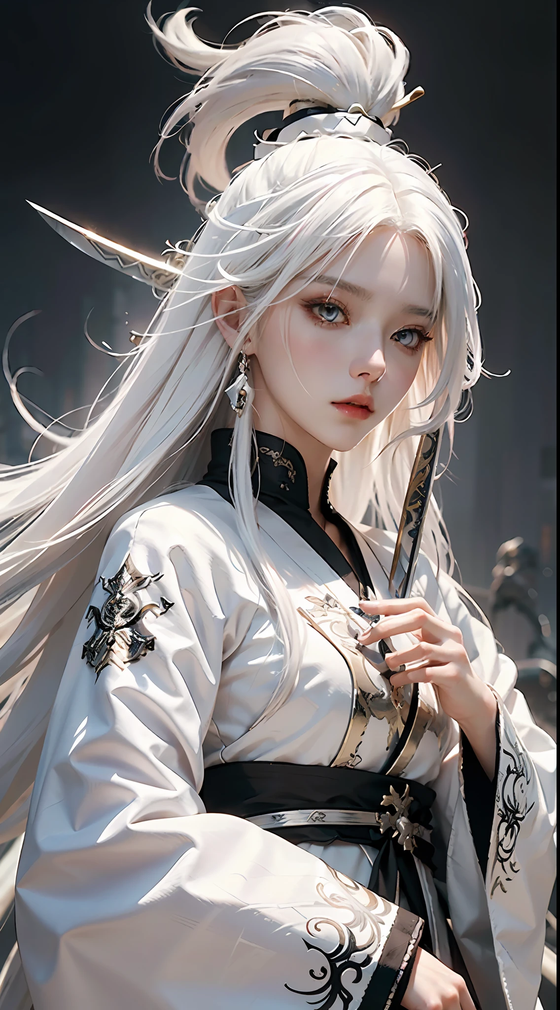 a close up of a person with white hair and a sword, white haired deity, with white long hair, with long white hair, artwork in the style of guweiz, white haired, guweiz, handsome guy in demon slayer art, beautiful character painting, by Yang J, white-haired, guweiz on pixiv artstation, anime character