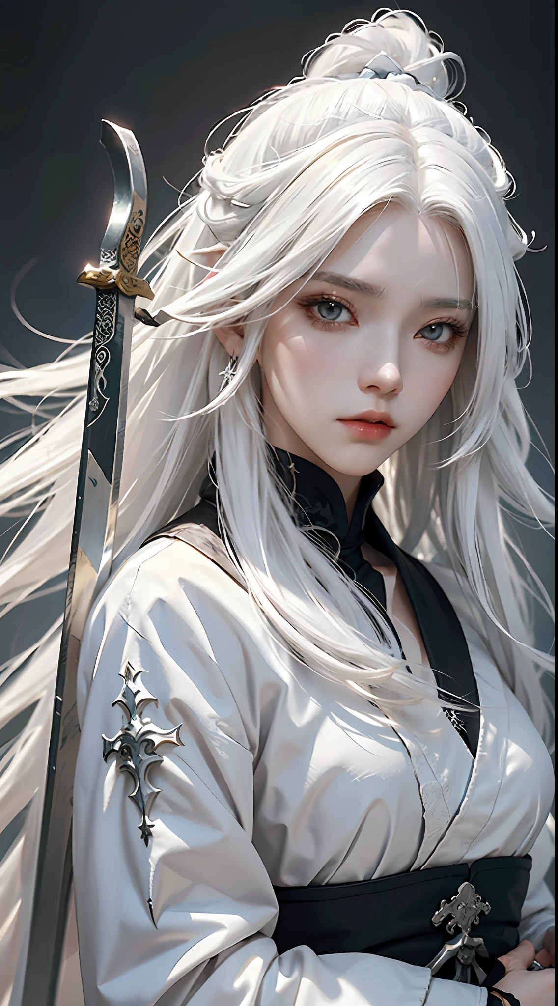 a close up of a person with white hair and a sword, white haired deity, with white long hair, with long white hair, artwork in the style of guweiz, white haired, guweiz, handsome guy in demon slayer art, beautiful character painting, by Yang J, white-haired, guweiz on pixiv artstation, anime character