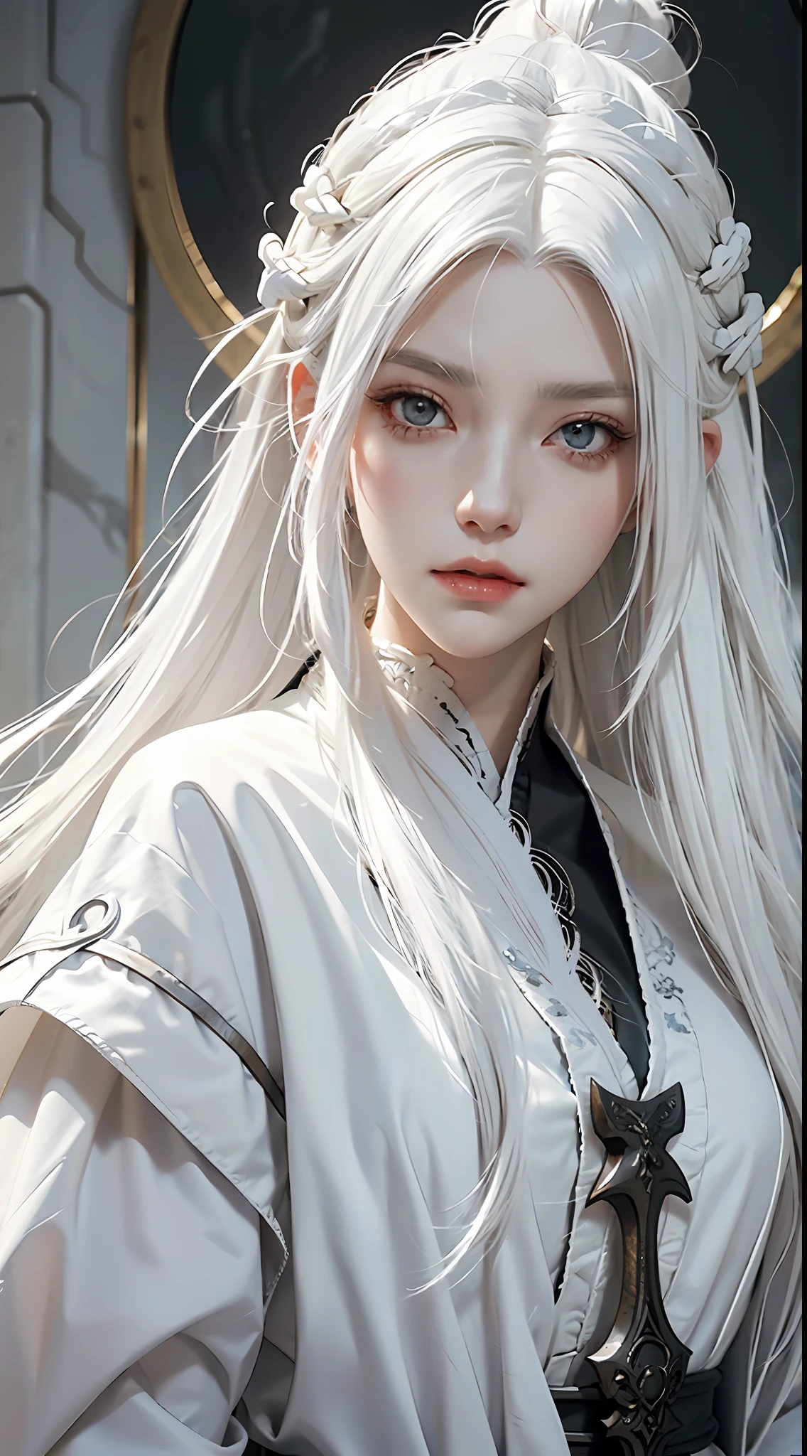 a close up of a person with white hair and a sword, white haired deity, with white long hair, with long white hair, artwork in the style of guweiz, white haired, guweiz, handsome guy in demon slayer art, beautiful character painting, by Yang J, white-haired, guweiz on pixiv artstation, anime character