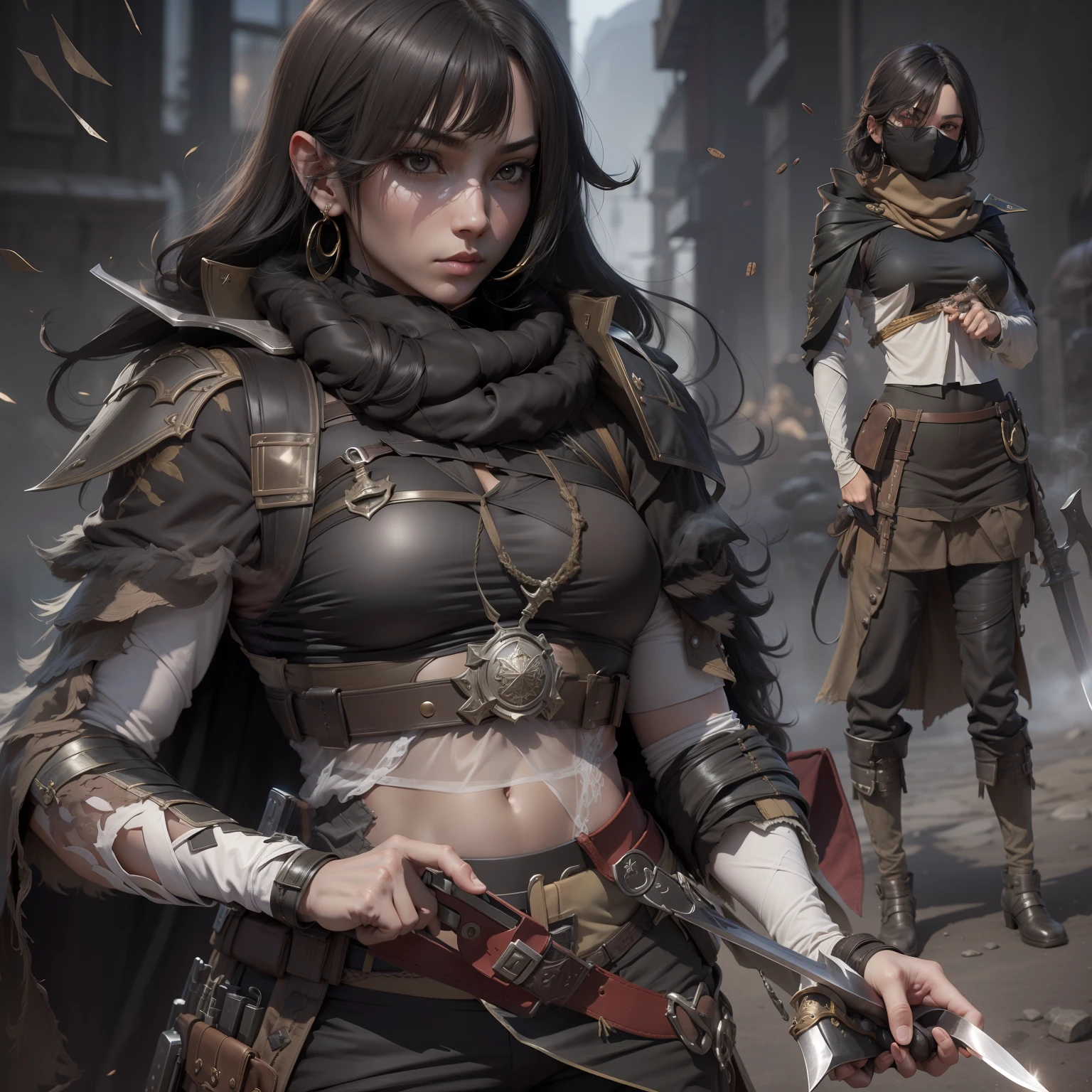3 d model,New coffee products, arma, The sword, halter, Weapons of the future, 32K, Linen cloak, Top quality, Masterpiece:Faust,,1 , short detailed hair, thin fog, On your stomach, (tmasterpiece,k hd,hyper HD,16k),clutching a sword, buliding, Reflectors, bloods, Eastern Asia, Weapon focus, Skysky, brunette color hair, knifes, shorter pants, fumo, Mist, The clothes ar, bandagens, sword sheath, Masks, 独奏