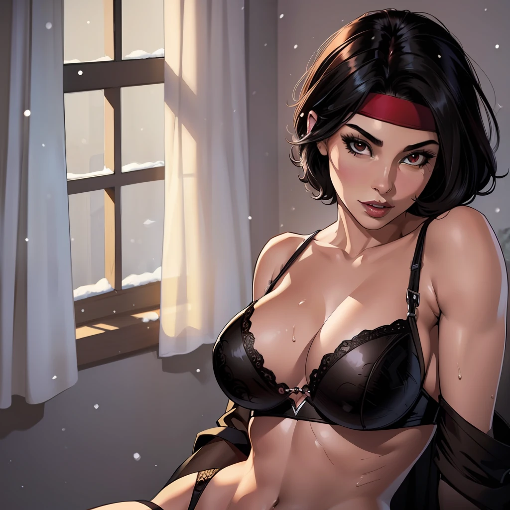 one woman, short black hair,hooker clothes , inside home , sexy pose, sexy body, well defined body, detailed body, high quality, masterpiece, 4k, red headband, snow white from fairy tales, Brown eyes