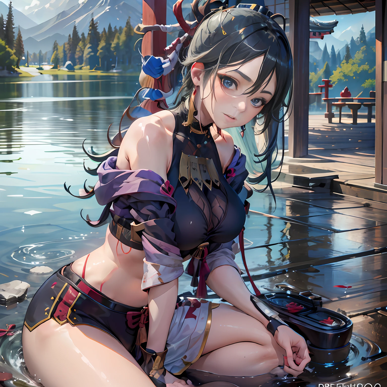 Whole body, (10, beste-Qualit, master-piece: 1.4), ultra-high resolution, (lifelike, photorealistic portrait: 1.48), 20 age, Cute Girl, Beautiful girl striptease, Nude, Famous Japanese actors, gigantic breasts, Blue Eyes, Head tilt, cowboy shot, from the side, looking at the audience, expressionless, Beautiful lake, Zeiss 150mm F/ 2.8 Hasselblad, In Japanese shrines, Whole body, foot, Ultra-Wide Angle