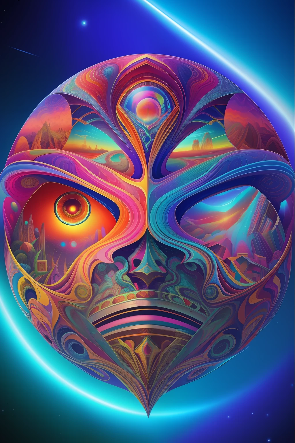 a painting of a giant head with a lot of ordinary things, psychedelic surreal art, estilo dan mumford e alex grey, psychedelic illustration, hyper detailed visionary art, Hyper Visionary Art - Detailed, psychedelic artwork, surreal + altamente detalhado, arte digital altamente detalhada 4k, arte psytrance, por Justin Gerard, arte digital detalhada 4k, arte trippy, Surreal psychedelic design