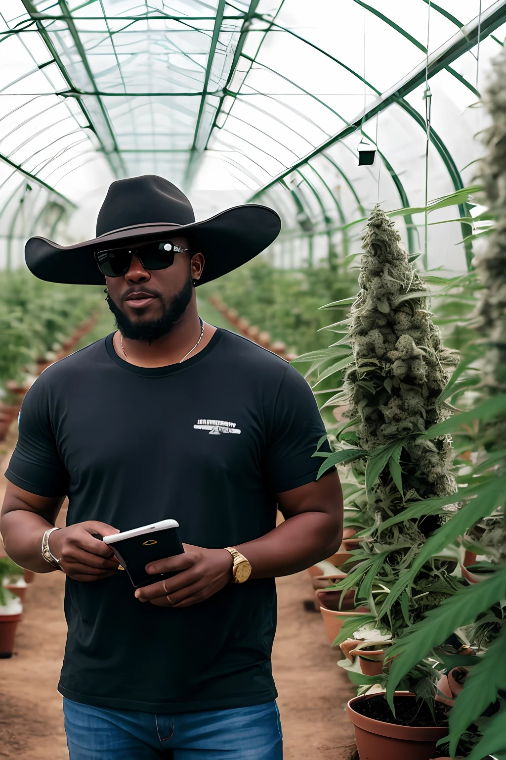 A black redneck, in sunglasses, in the cannabis greenhouse, cowboy hat