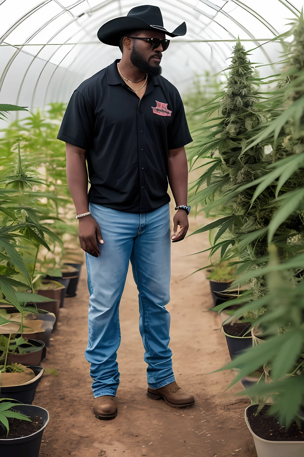 A black redneck, in sunglasses, in the cannabis greenhouse, cowboy hat