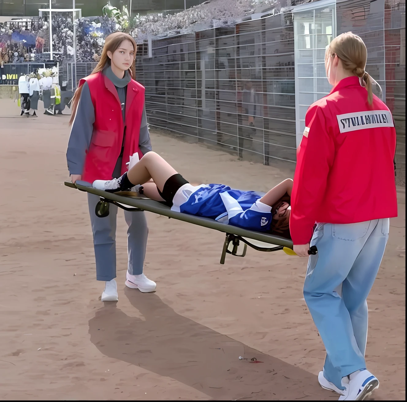 schoolgirls are carrying a man on a stretcher, realistic scene, injured, realistic shot, photo - shot, over-shoulder shot, edited, a beautiful, hurt, an illustration, in the background, dramatic scene, heartbreaking, special, carrying a tray, real photo, professional shot, a long-shot, There is a man lying on a stretcher with his hands crossed over his face, a man in a t-shirt and sports shorts has crossed his hands over his face, the man has an agonised face under his hands, two longhaired and ponytailed women that are wearing very shiny coats, there are longhaired women wearing laquered puffy coats, longhaired women are walking in wetlook puffy coats, several women walking around a football field with an injured athlete on a stretcher, the injured athlete on the stretcher covers his face with both hands, the women look very worried, behind the women there is a frightening atmosphere, there is heavy rainfall in the background, video still, behind the scenes, Malika Favre, screenshot, footage, 4 0 9 6, cover photo, aesthetic shot, dramatic mood, intense scene, Making of, Mongezi Ncaphayi, Thriller atmosphere, Filming, Edited