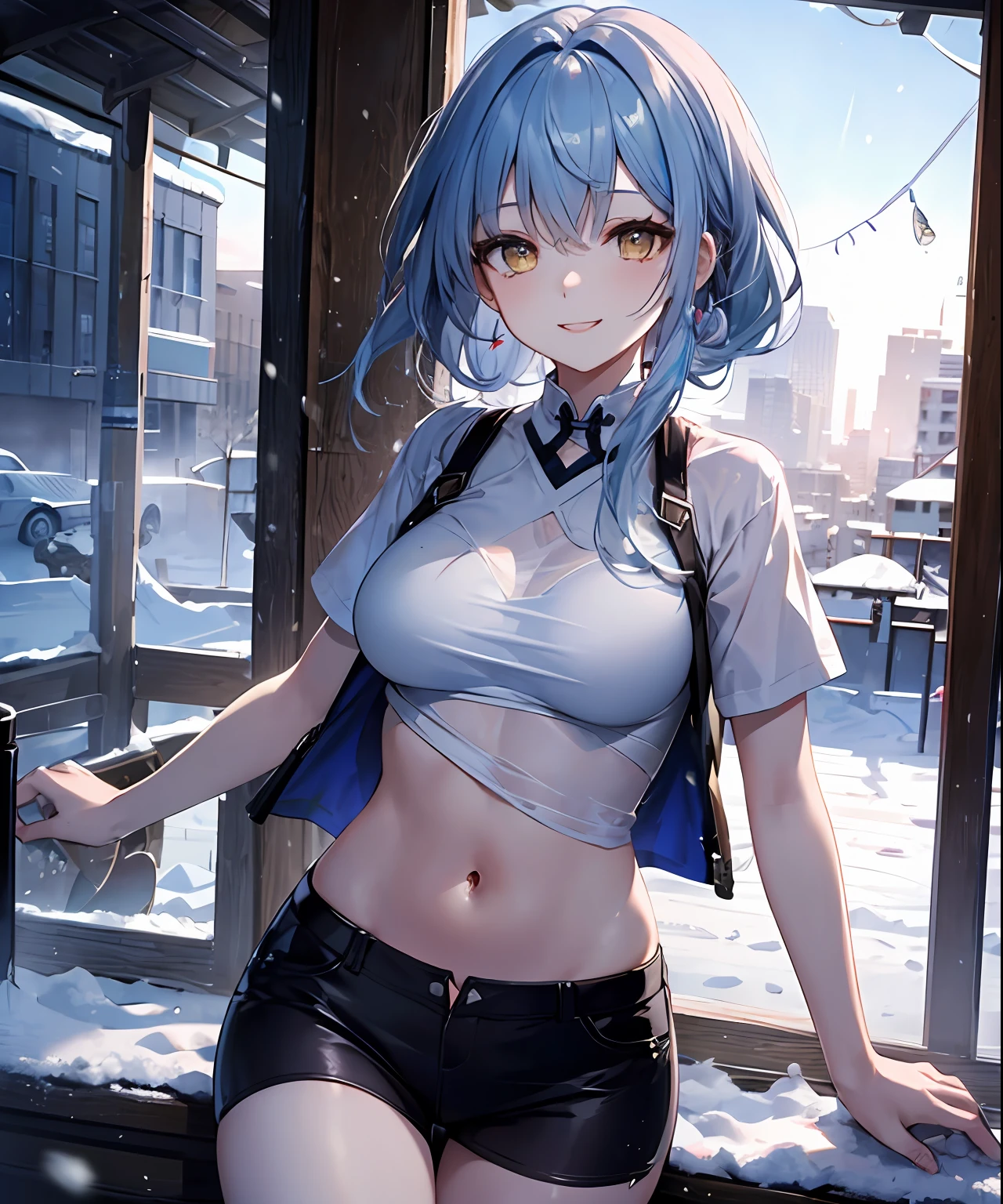 (masterpiece、top-quality)、独奏、1womanl、Longhaire、Light blue hair、Yellow eyes、A smile、Navel dashi、T-shirt with navel、Skin wiping action、White skin as clear as snow、Western-style cityscape