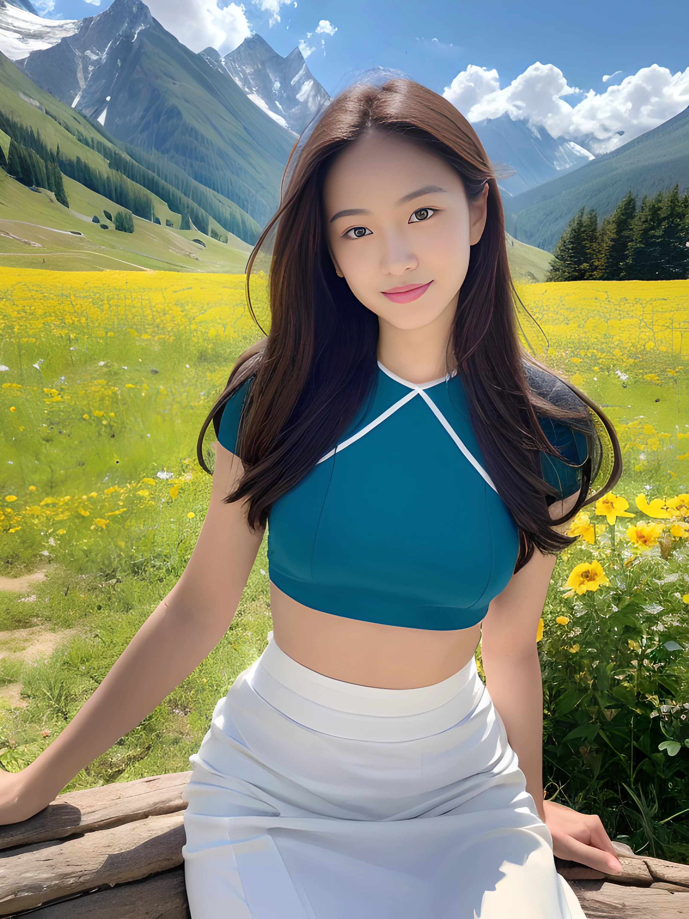 ((best qualtiy, 8K, tmasterpiece:1.3)),Focus:1.2, female high-school student,wooden cabin,(A look of determination)(adolable),delicated face,Long hair waist-length,long hair flowing,Tilt your head,ssmile,Hair details,Delicate Full Body Portrayal,Delicate depiction of the face,Best picture quality,A high resolution,细致背景,Delicate portrayal,exquisitedetails,Rich in detail,Facial strengthening,(Crop tops,short skirt),with blue sky and white clouds,wooden cabin,Sitting Among the Flowers,Tibetan mountain peak background,There are no bags under the eyes