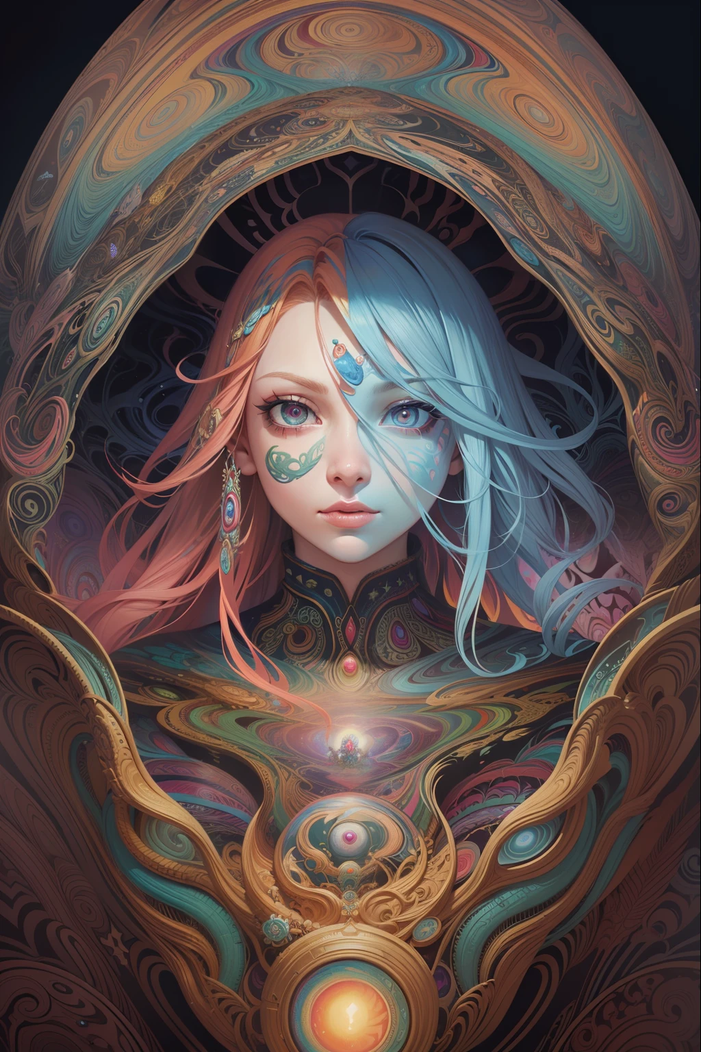 a painting of a giant head with a lot of strange things on it, psychedelic surreal art, dan mumford and alex grey style, psychedelic illustration, hyper detailed visionary art, hyper - detailed visionary art, psychedelic artwork, surreal + highly detailed, 4k highly detailed digital art, psytrance artwork, by Justin Gerard, 4k detailed digital art, trippy art, surreal psychedelic design