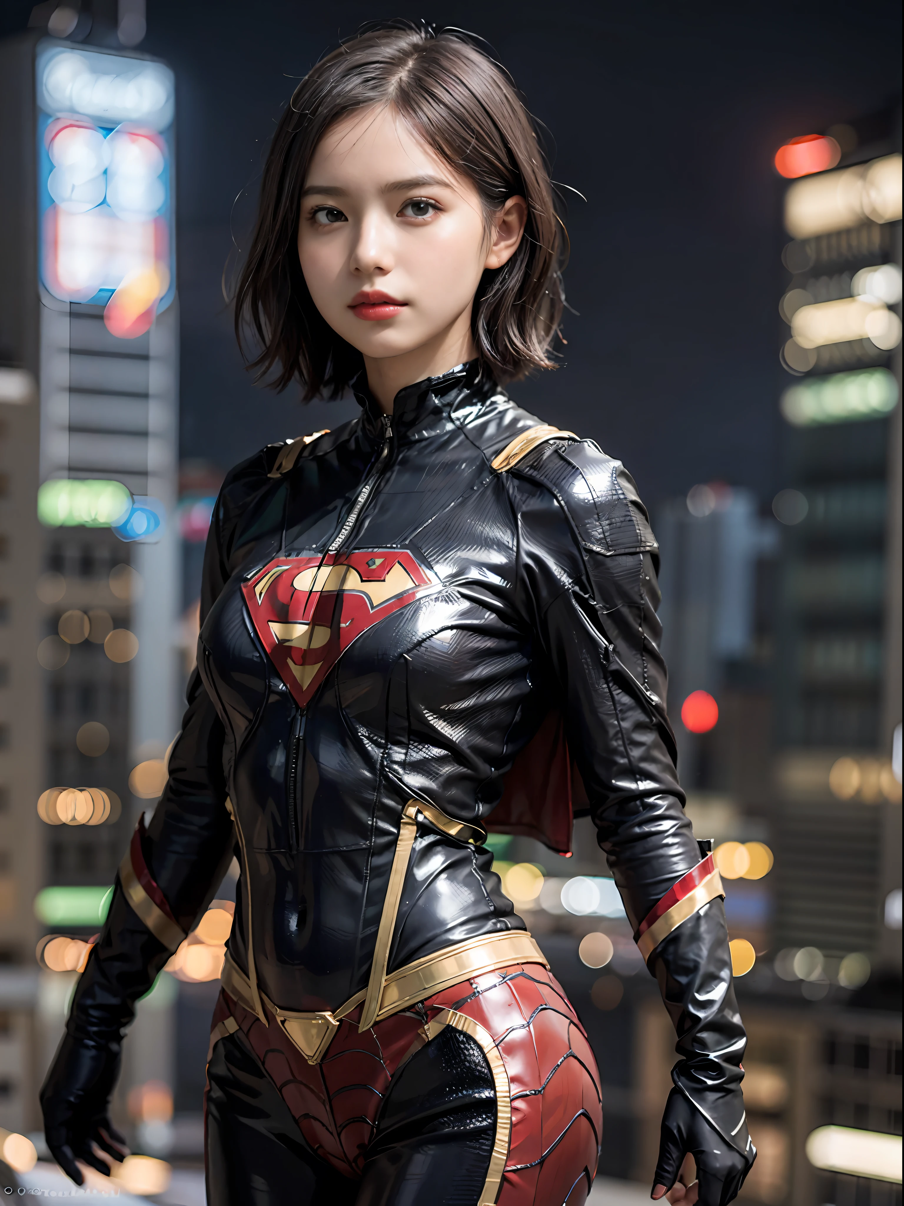 Best Quality, masutepiece, (Photorealistic:2), Ultra High Resolution, Highly detailed, A hyper-realistic, 1girl in, Supergirl Suit, superman logo, Spider-Man pattern, Colorful、(((very_short_hair))), Short hair, Slim body, Full Shot, Looking at Viewer, Night, On the roof of a building, Rain, Dark Scene, Dark atmosphere, light neon, myst, cloudy, Lightning, Detailed background