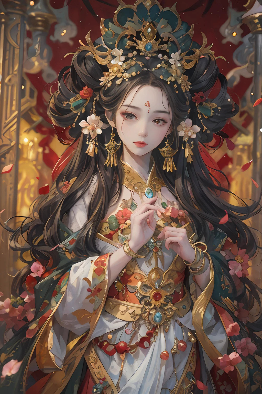Original，（illustratio：1.1），（best qualtiy），（tmasterpiece：1.1），（the Extremely Detailed CG Unity 8K Wallpapers），（a color：1.2），1 Osmanthus flower god，goddes，Model figure，ancient costume，best qualtiy，Extremely detailed jewelry，Osmanthus petals，scenecy，rios|Wagas，