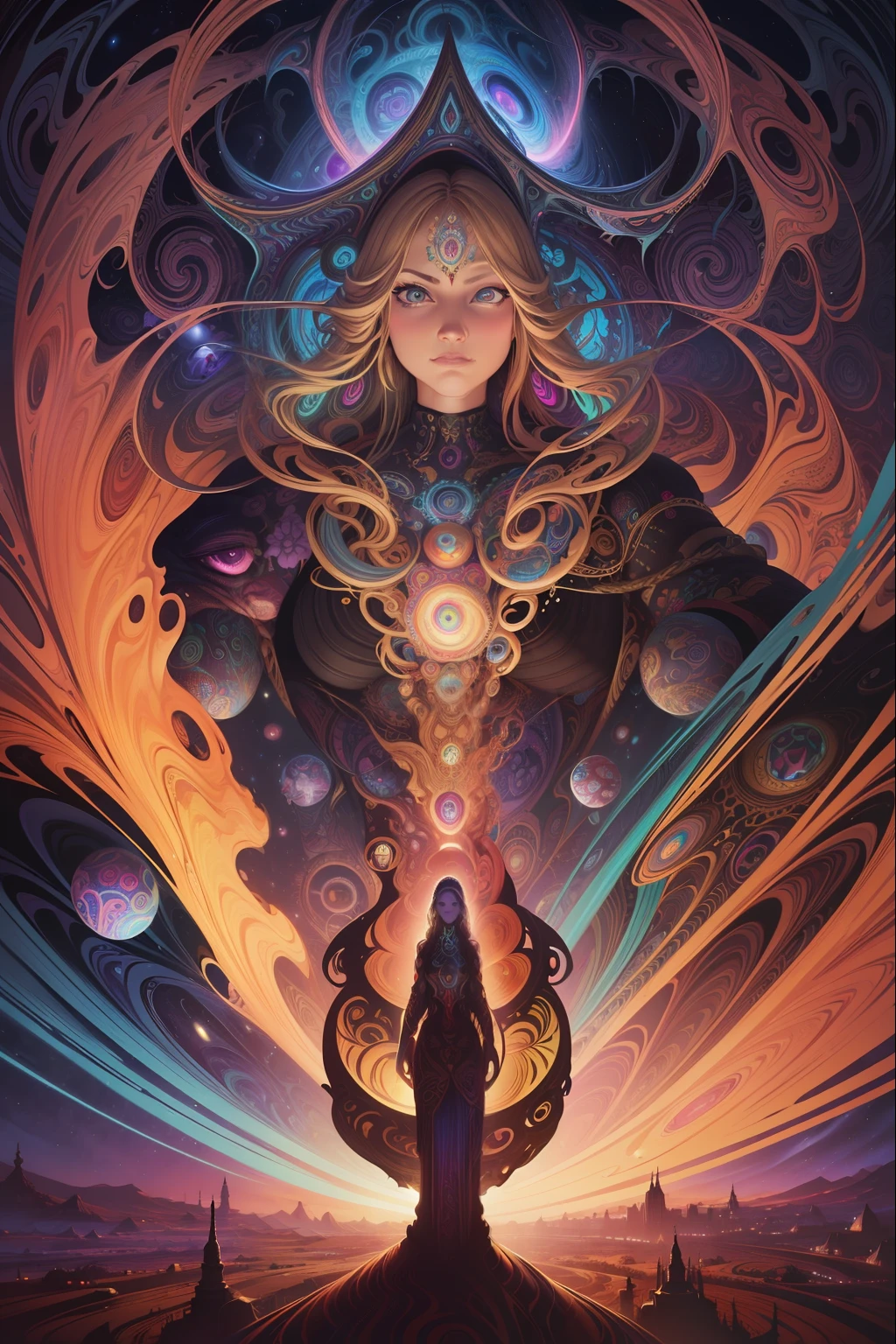 a painting of a giant head with a lot of strange things on it, psychedelic surreal art, dan mumford and alex grey style, psychedelic illustration, hyper detailed visionary art, hyper - detailed visionary art, psychedelic artwork, surreal + highly detailed, 4k highly detailed digital art, psytrance artwork, by Justin Gerard, 4k detailed digital art, trippy art, surreal psychedelic design