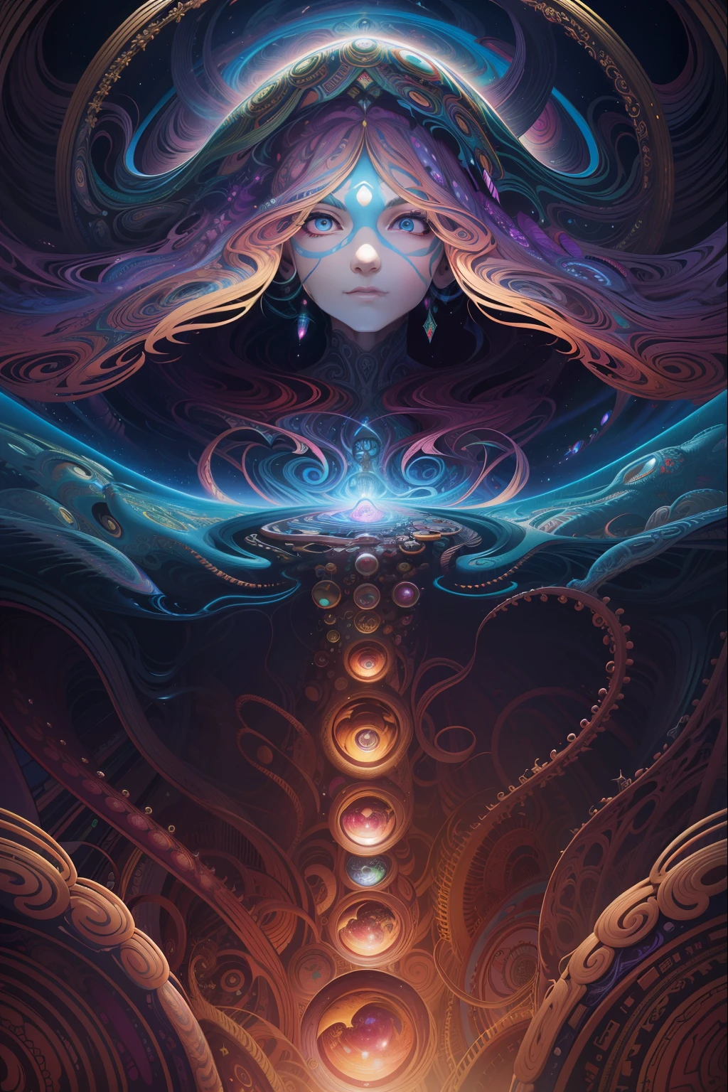a painting of a giant head with a lot of strange things on it, psychedelic surreal art, dan mumford and alex grey style, psychedelic illustration, hyper detailed visionary art, hyper - detailed visionary art, psychedelic artwork, surreal + highly detailed, 4k highly detailed digital art, psytrance artwork, by Justin Gerard, 4k detailed digital art, trippy art, surreal psychedelic design