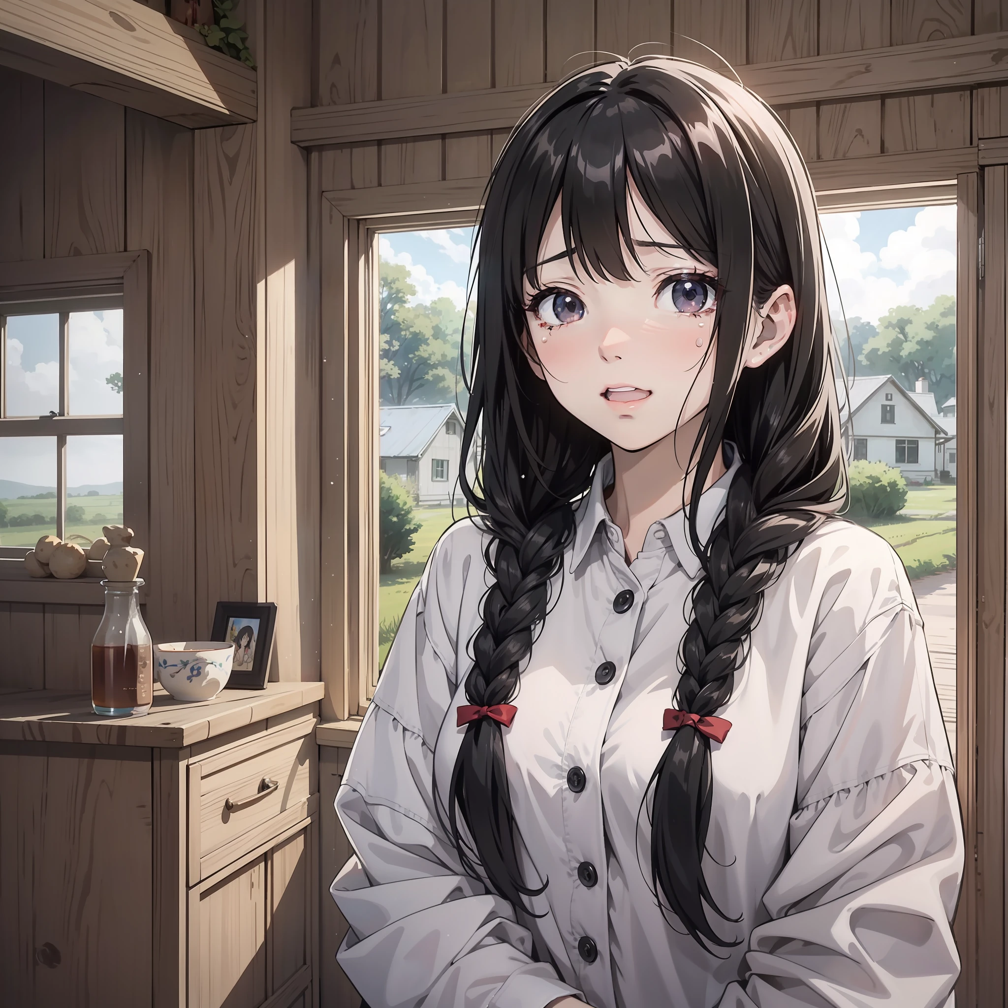 A man with long black braided hair，Woman in white shirt standing in a rural house crying（Laugh cry 1.5）（Tears 1.5）（Tearful eyes1.5）（The background is 1 in a rural house.5）（Upper body display 1.5）（Girl 1.8）style of anime4 K，Anime rendering，style of anime。8k，（Cinematic lighting 1.5）（Master masterpieces：1.4）（Ultra-high detail1.5）（Best quality1.5）