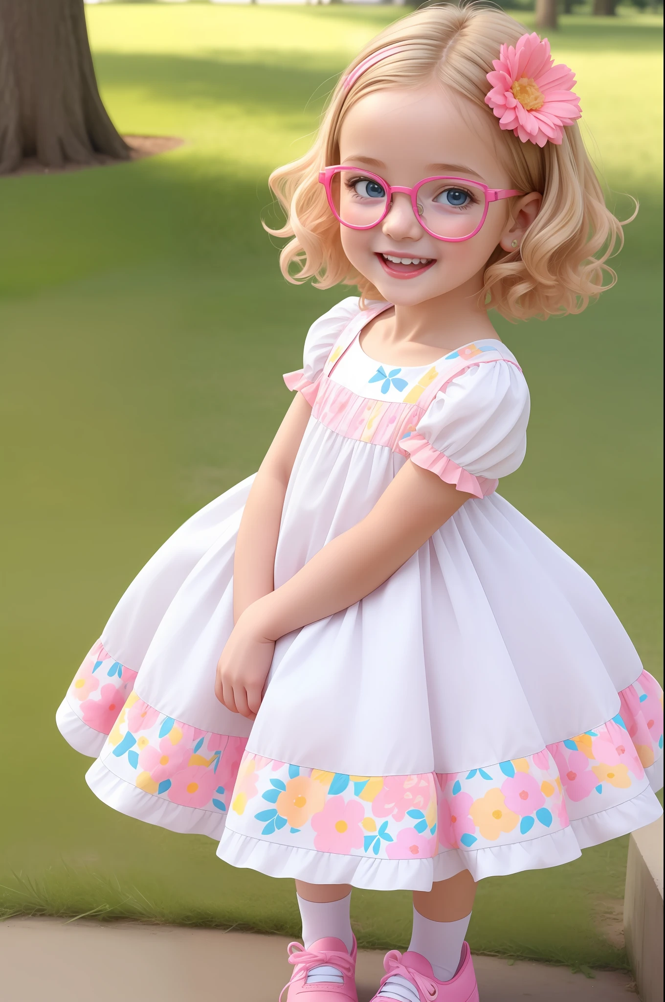 best quality, ultra high res, detailed face, realistic face, RAW photo, 
a park, standing, british girl,  little girl 10 years old, cute rounded face, rounded pink glasses, smile, light blonde hair:1.1, detailed hair, short curly hair, shoes, baby shoes, dress, summer_dress, simple dress, light bright dress, cute baby dress, floral dress, (cheerful, energetic, happy:1.4), blue eyes, hair small clip with pink and yellow flower,