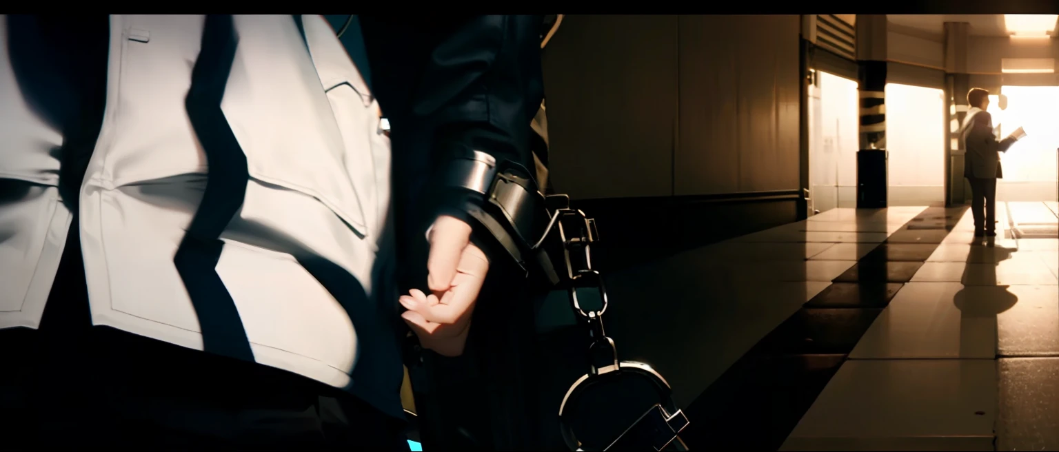 there is a man holding a pair of handcuffs and a key, shot from movie, handcuffed, handcuffs, shot from danis villeneuve movie, screenshot from a movie, still from a music video, movie screen shot, still from a terence malik film, still from the film, extended clip, youtube video screenshot, still from film, movie clip