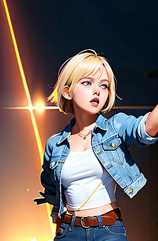 (((1 girl, cute, denim jacket, white top, jeans, Gloves, blond, short hair, bob hair, side parted hair, blue eyes))), (((blond hair))),
dynamic poses, manga style, depicting a group of characters in various action scenes, from intense battles to lighthearted moments, with dramatic speed lines and bold sound effects, capturing the excitement and energy of the story, Laser rays from the palm of hand, Attack forward with palm, yellowstone park, Grand Canyon,