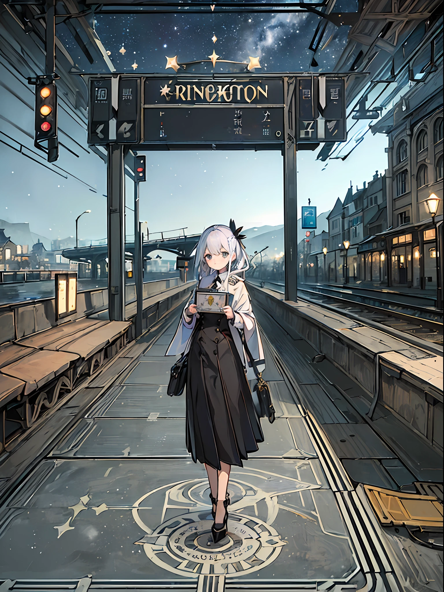 ((8K、​masterpiece、top-quality))、Landscape painting、Otherworld、((Unmanned stations))、train track、(((Station name sign)))、creepy atmosphera、divine atmosphere、femele、Odango Hair、Women's Suits、high-heels、starrysky、milkyway、star trails、Seven colors of fog、Detailed drawing、Precision drawings