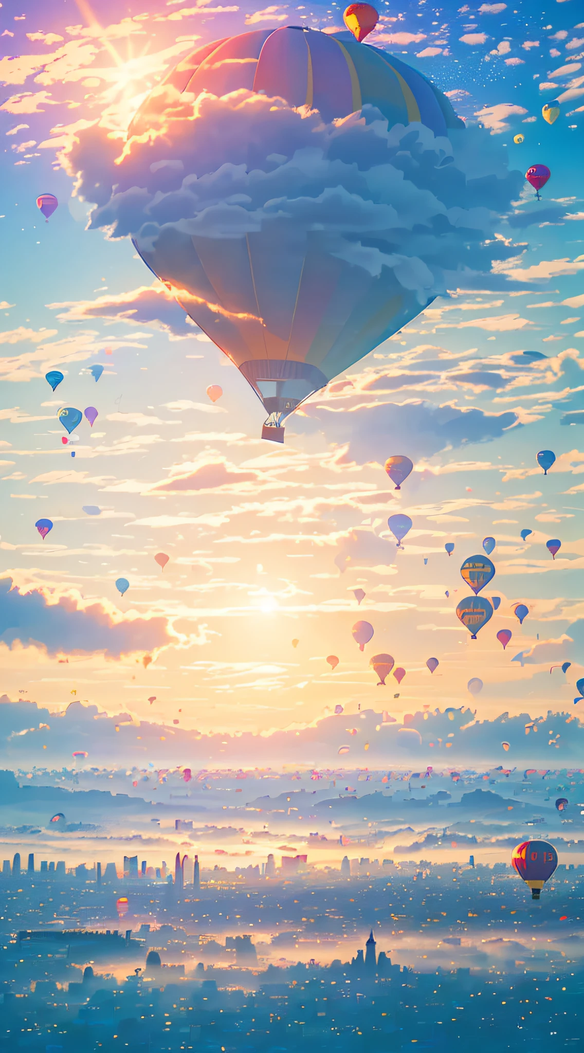 ((🎈 City in the Sky composed of hot air balloons)), artwork-quality quality, particle rendering, ({vivid} high saturation), ({floating} suspended), ({water} water surface) scenes, under ({🌈 ☀️ 🔮 sunlight} sunlight), (🌊 🌫️{fog} fog) surrounded by extremely distant perspectives. --v6