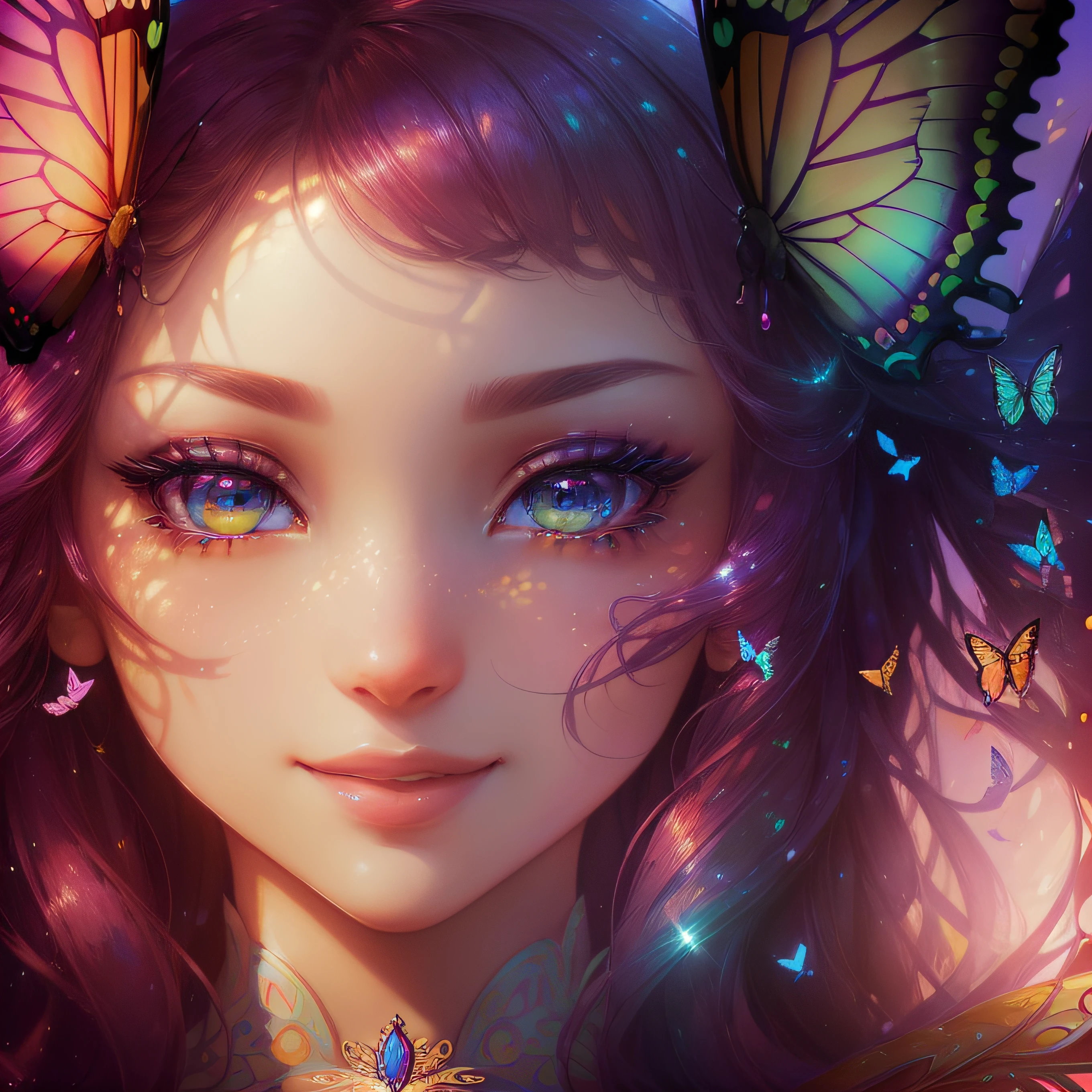 (clear large round contoured eyes,、Sapphire green eyes、Glowing eyes、Eye Gloss)(ssmile、Open lips、teeth are slightly visible、Red colored lips、lipgloss)、close-up of the smile face、dreamlikeart、Highly detailed airbrush art、intricate detailes、Volumetric lighting、top-quality、The ultra-detailliert、The composition of the movement、Highly detailed colorful details、Bright gemstone color、Bright lighting、dream-like、Magical、dynamic compositions、The mirror reflects light、Shallow depth of field、ultra-detailliert、mixing exposure、Super masterpiece、vivd colour、colourfull、One woman's face、Cute cat、Anthropomorphic representation、Rich colors、exquisitedetails、(butterflys,Exquisite butterflies,Ultra CG), (High resolution:1.5)、Colorful、Bright background of orange, pink and yellow sunrise、Dynamic and breathtaking scenes、