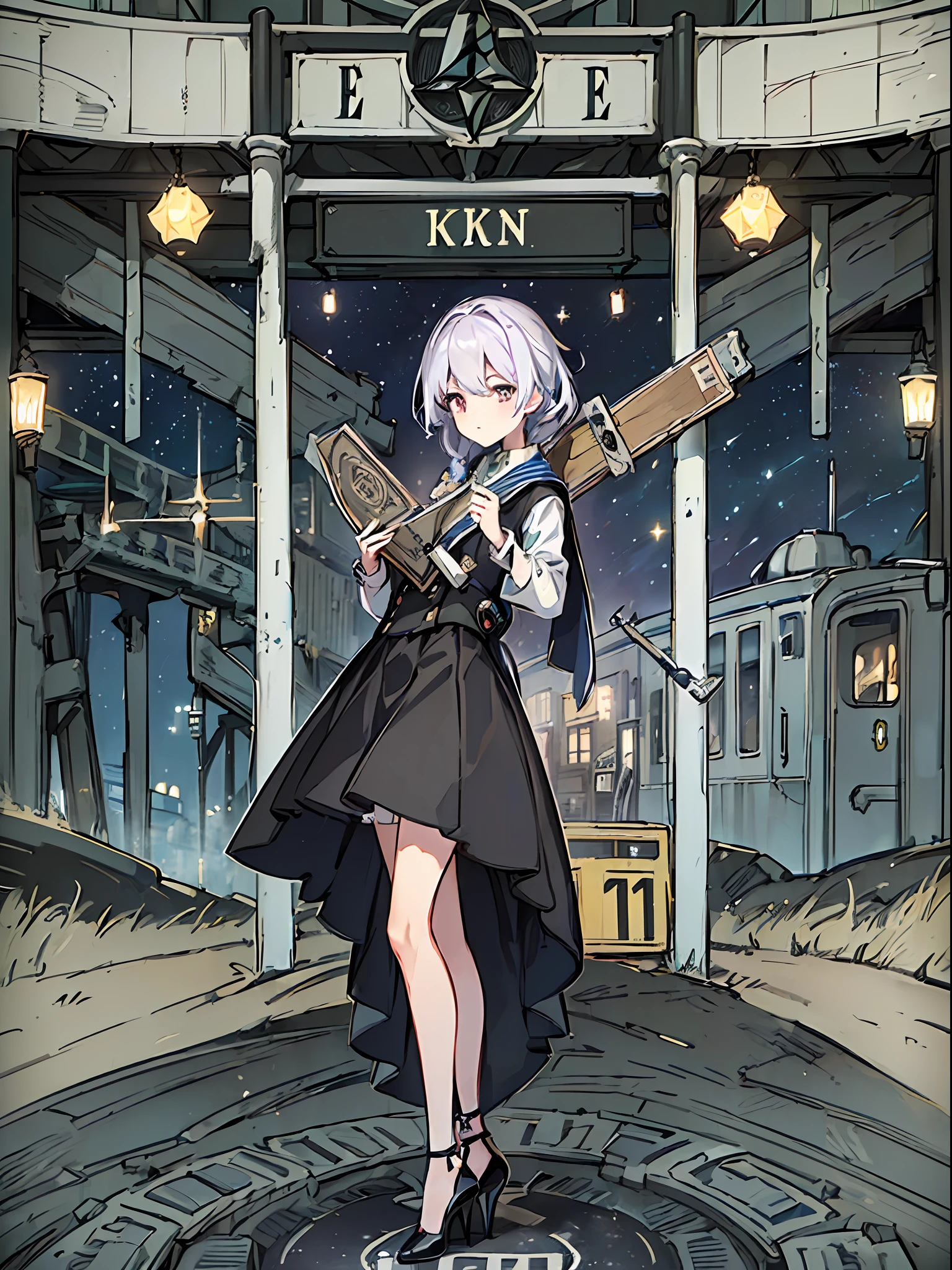 ((8K、​masterpiece、top-quality))、Landscape painting、Otherworld、((Unmanned stations))、train track、(((Station name sign)))、creepy atmosphera、divine atmosphere、femele、Odango Hair、Women's Suits、high-heels、starrysky、milkyway、star trails、Seven colors of fog、Detailed drawing、Precision drawings