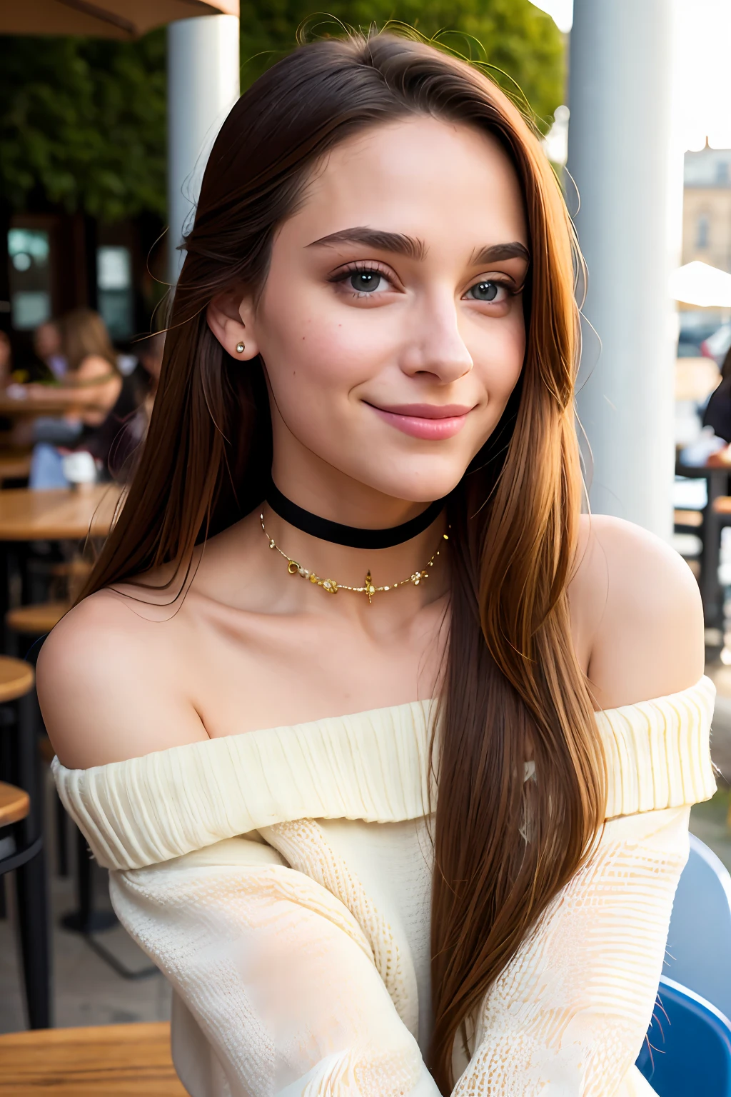 piercing eyes, looking straight, very happy,long hair, wearing an off-shoulder sweater, choker, closeup portrait, in a outdoor cafe in 2015, afternoon light