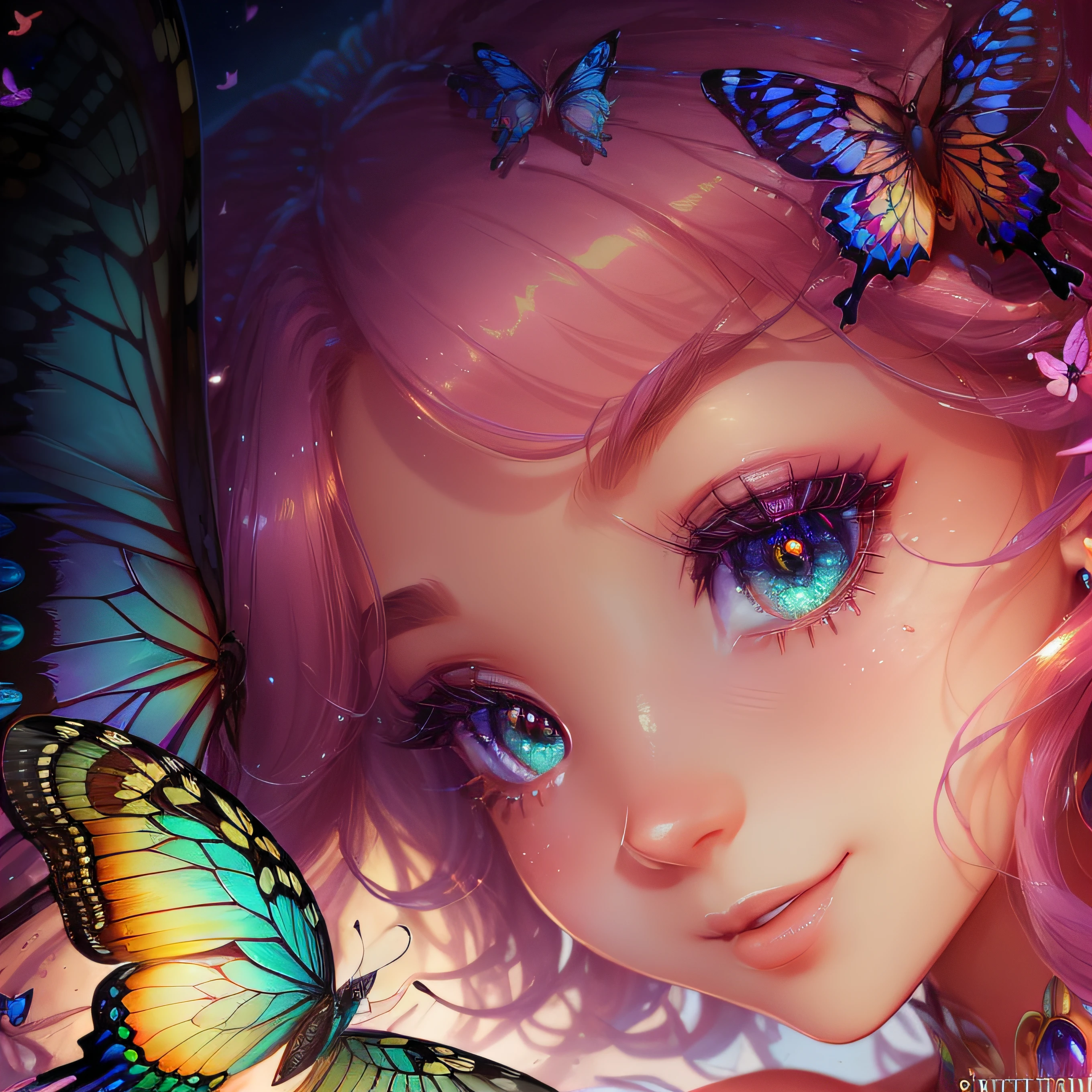 (clear large round contoured eyes,、Sapphire green eyes、Glowing eyes、Eye Gloss)(ssmile、Open lips、teeth are slightly visible、Red colored lips、lipgloss)、close-up of the smile face、dreamlikeart、Highly detailed airbrush art、intricate detailes、Volumetric lighting、top-quality、The ultra-detailliert、The composition of the movement、Highly detailed colorful details、Bright gemstone color、Bright lighting、dream-like、Magical、dynamic compositions、The mirror reflects light、Shallow depth of field、ultra-detailliert、mixing exposure、Super masterpiece、vivd colour、colourfull、One woman's face、Cute cat、Anthropomorphic representation、Rich colors、exquisitedetails、(butterflys,Exquisite butterflies,Ultra CG), (High resolution:1.5)、Colorful、Bright background of orange, pink and yellow sunrise、Dynamic and breathtaking scenes、