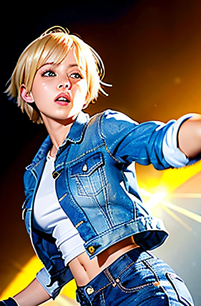 (((1 girl, cute, denim jacket, white top, jeans, Gloves, blond, short hair, bob hair, side parted hair, blue eyes))), (((blond hair))),
dynamic poses, manga style, depicting a group of characters in various action scenes, from intense battles to lighthearted moments, with dramatic speed lines and bold sound effects, capturing the excitement and energy of the story, Laser rays from the palm of hand, Attack forward with palm, yellowstone park, Grand Canyon,