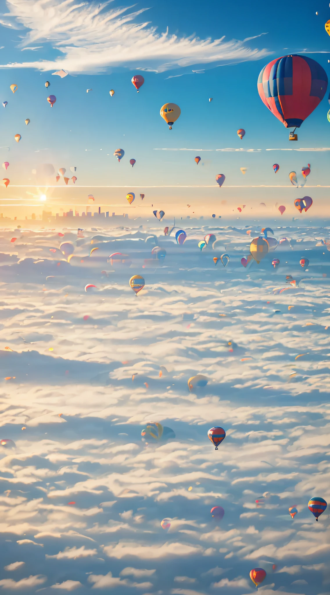 ((🎈 City in the Sky composed of hot air balloons)), artwork-quality quality, particle rendering, ({vivid} high saturation), ({floating} suspended), ({water} water surface) scenes, under ({🌈 ☀️ 🔮 sunlight} sunlight), (🌊 🌫️{fog} fog) surrounded by extremely distant perspectives. --v6