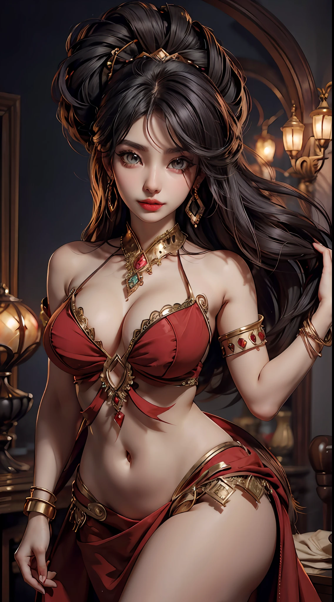 Arabian woman with bare shoulders in a seductive belly dancer dress. She has captivating red lips, striking makeup, and alluring earrings and jewelry. Her gaze is fixed upon the viewer, showcasing her sexy legs
