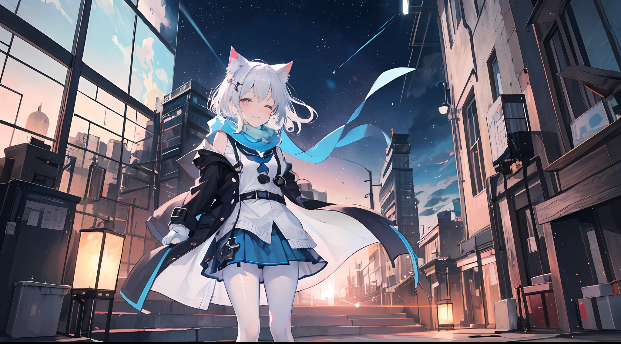 solo person,Ark of Tomorrow,one-girl,off-shoulder sweater, backless outfit,Starry sky,clusters of stars,Ray tracing,{Best quality}, {{Masterpiece}}, {A high resolution}, Original, Extremely detailed 8k wallpaper, {An extremely delicate and beautiful},,incredibly_absurderes,Colorful,intricately details,art book,,incredibly_absurderes,Ray tracing,Perspective,Wide shot,Overall view,,A high resolution,Game CG,short_Hair,cat_hor ears,White_Hair/White_Eyes,Detail fingers,Hands in hair,pigeon-toed,Pout,Blush,Eyes visible through hair,off-shoulder sweater,White_wind coat,Superskirt,White pantyhose,White cat ears,(((long white hair))),White tail,reaching out her hands,W cut sitting position,(((a black trench coat))),(((Blue sailor collar))),Blue pupil,Black hairpin,Post-industrial buildings,4K,Master picture quality,Texture,Ark of tomorrow style,On the ground lay the West Sword,eventide,Blood-red sunlight,Black backpack,((((Short blue skirt)))),((((White tights)))),black sneaker shoes,full bodyesbian,long and flowing hair,Smiling,Squint,The ultimate in facial depiction,The ultimate body depiction,The ultimate hair depiction ,There are lanterns on the ground,is shy,in a panoramic view,The ultimate scenario description,Pout,Beautiful_face,Beautiful detailed eyes,One eye is white,One eye closed ,Earphone,Beautiful detailed sky,reflective light,Ray tracing,Sunlight,(Maid dress),Sailor dress,Sleeves,beautiful detailed water,Beautiful detailed sky,god light,depth of fields,Normal body,Normal posture,Front view,Absolutely good light and shadow,Detailed sky,baiyun,the sunset,(((城市,starlights,rios,darkly))).{Best quality}, {{Masterpiece}}, {A high resolution}, Original, Extremely detailed 8k wallpaper, {An extremely delicate and beautiful},,Ray ,{Best quality}, {{Masterpiece}}, {A high resolution}, Original, Extremely detailed 8k wallpaper, {An extremely delicate and beautiful},,incredibly_absurderes,Colorful,intricately details,art book,,Overall view,,Depth of field,snowfield,leg