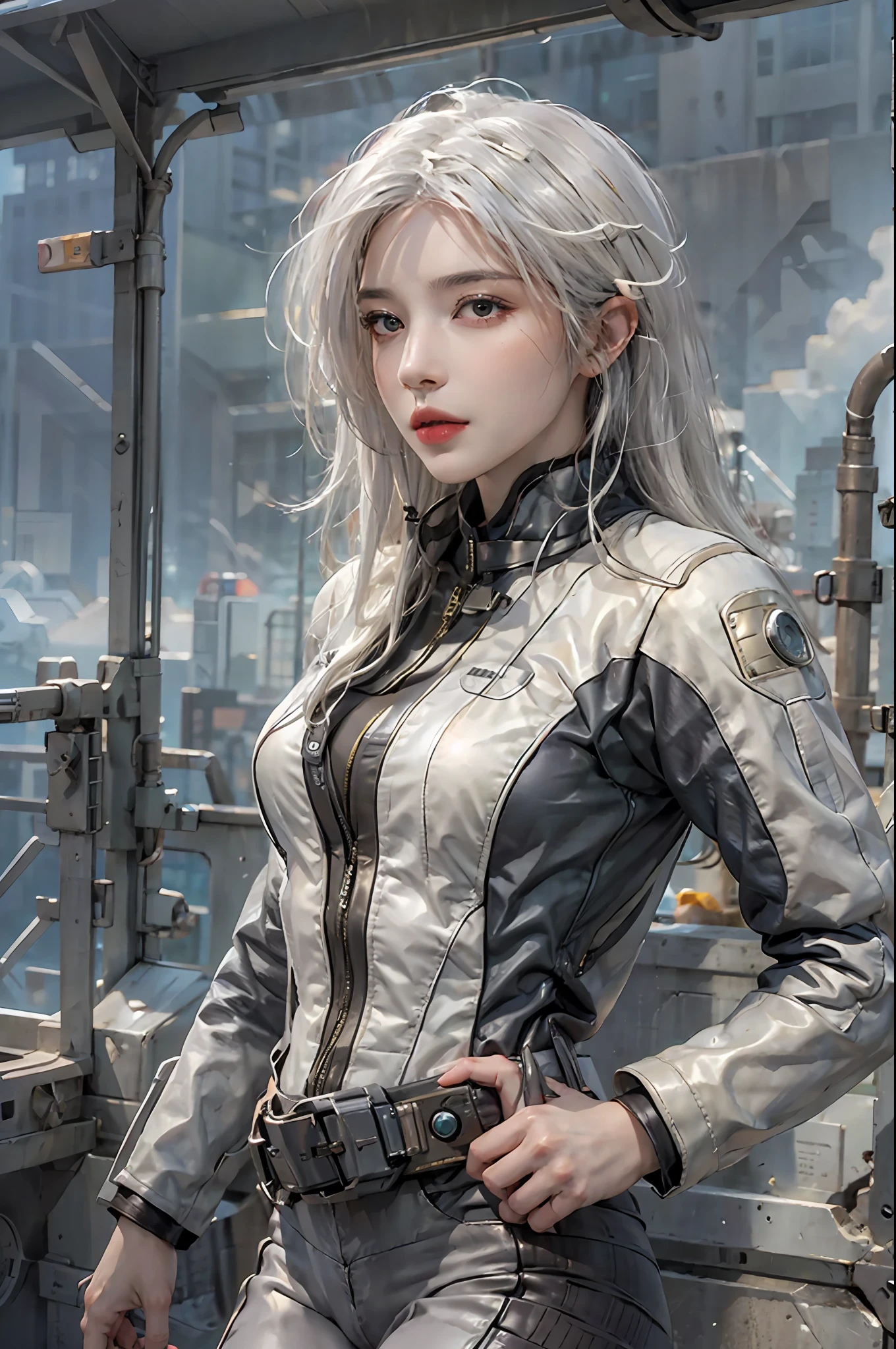 photorealistic, high resolution, 1women, solo, hips up, look at viewer, (detailed face), white hair, long hair, vaultsuit pipboy3000