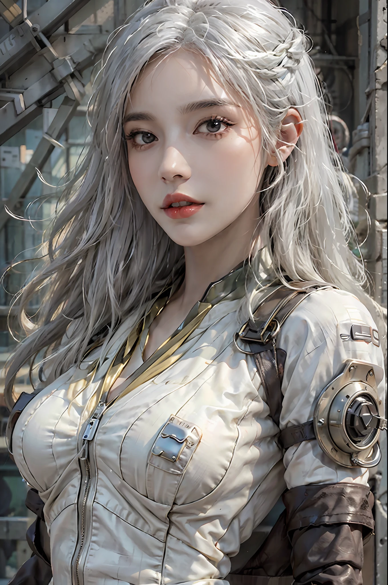 photorealistic, high resolution, 1women, solo, hips up, look at viewer, (detailed face), white hair, long hair, vaultsuit pipboy3000