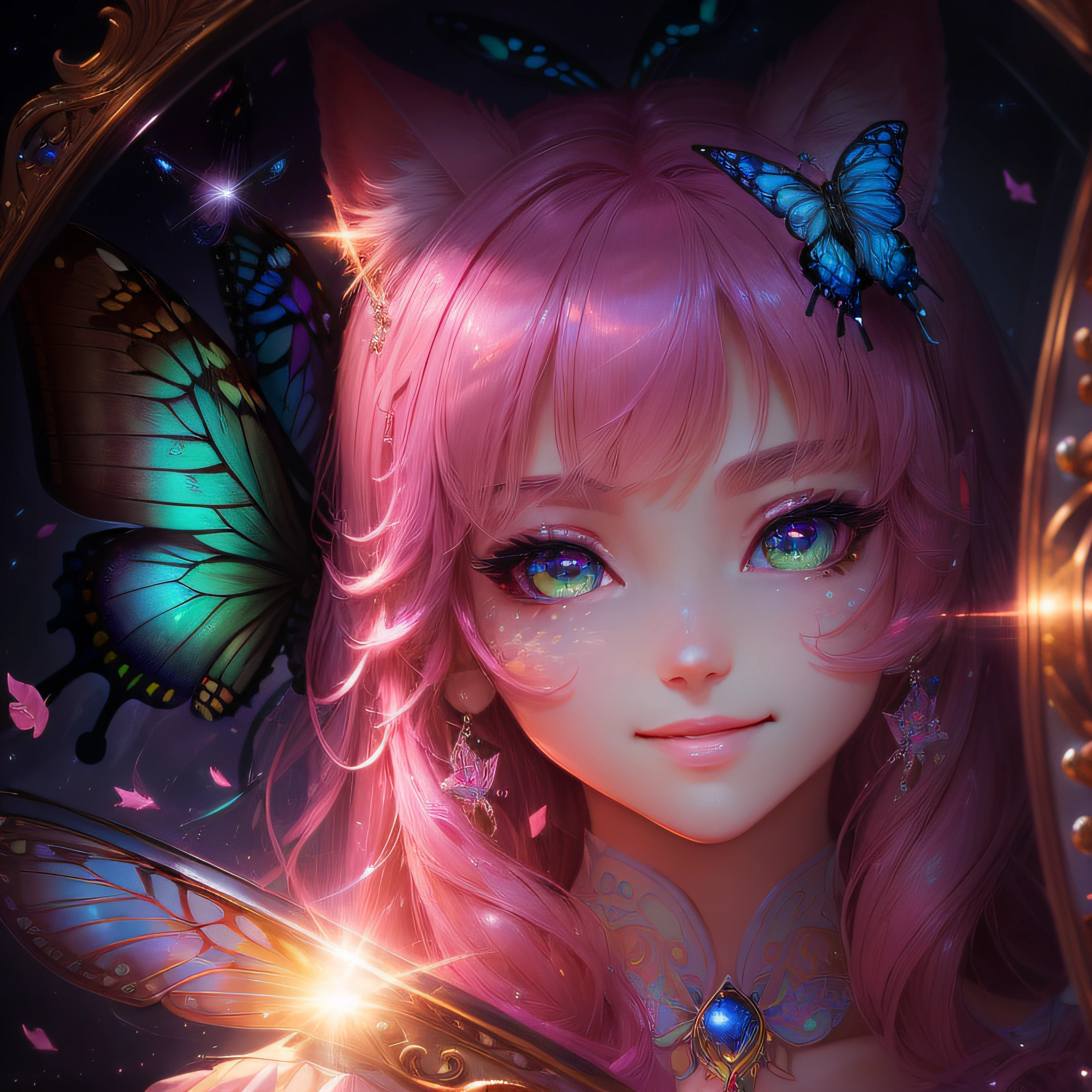 beam、(eyes with a clear large round outline,,,,,、Sapphire green eyes,、Glowing eyes、Eye Gloss)(Smile with the corners of your mouth raised、Open lips、teeth are slightly visible、Pink lips、lipgloss)close-up of the smile face、grin、dreamlikeart、Highly detailed airbrush art、intricate detailes、Volumetric lighting、top-quality、The ultra-detailliert、The composition of the movement、Highly detailed colorful details、Irridescent color、Bright lighting、dream-like、Magical、dynamic compositions、The mirror reflects light、Shallow depth of field、ultra-detailliert、mixing exposure、Super masterpiece、vivd colour、colourfull、One woman's face、I have a cute cat、Anthropomorphic representation、Rich colors、exquisitedetails、(butterflys,Exquisite butterflies,Ultra CG), (High resolution:1.5)、Colorful、Enchanting sunsets、Dynamic and breathtaking scenes、